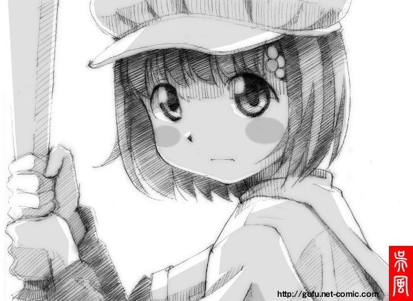 gofu, suzukawa koume, taishou yakyuu musume, traditional media, 00s, blunt bangs, bob cut, greyscale, monochrome, short hair, sketch, solo