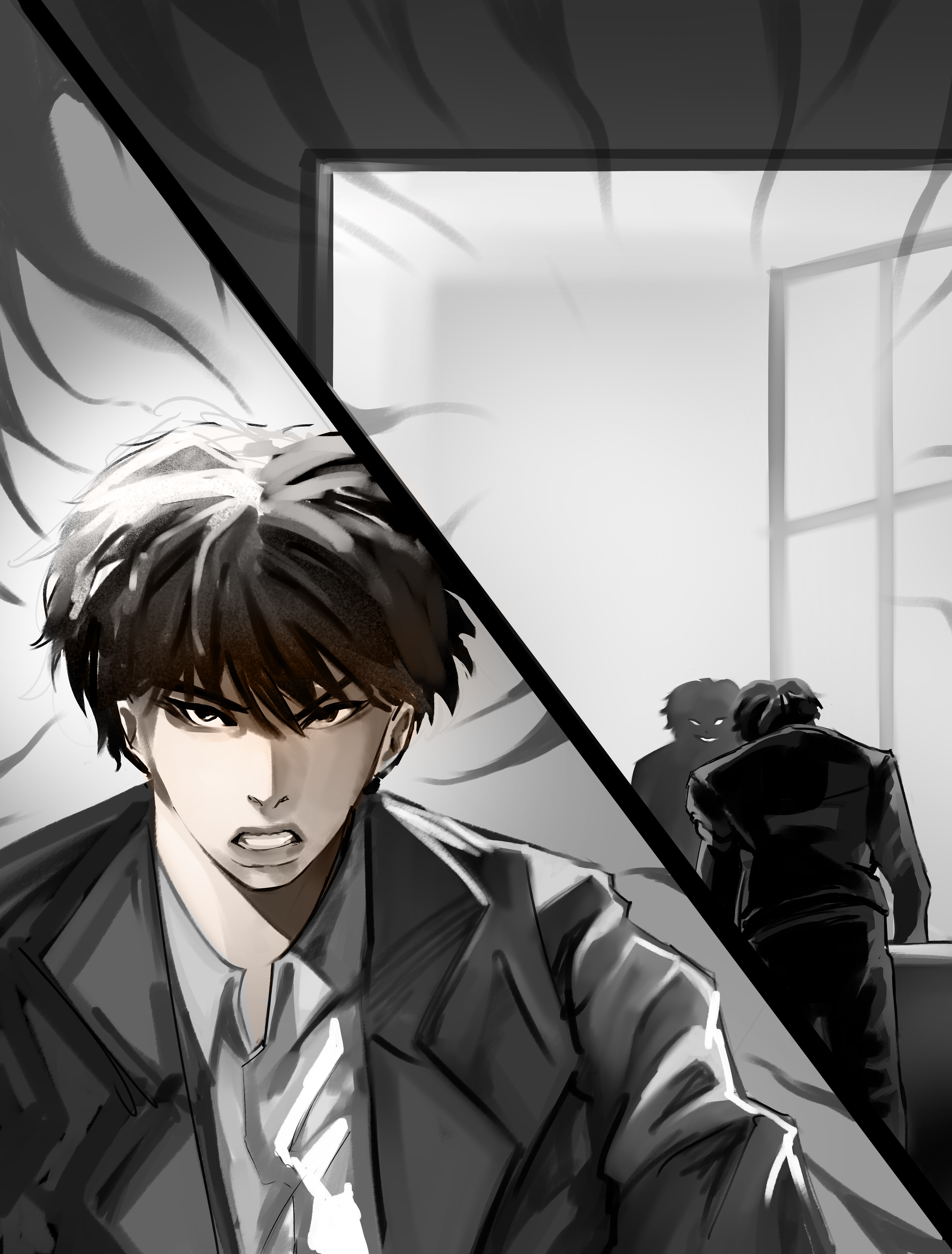 mordret (shadow slave), sunny (shadow slave), shadow slave, absurdres, highres, textless version, 1boy, black coat, black hair, clenched teeth, coat, collared shirt, different reflection, leaning forward, mirror, multiple views, reflection, shirt, short hair, t0ruuu, teeth, upper body, white shirt