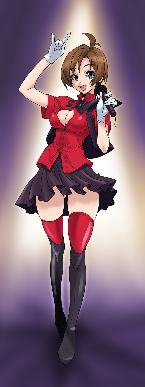 hirabaru kenji, hirahara kenji, meiko (vocaloid), vocaloid, highres, 1girl, ahoge, aqua eyes, breasts, brown hair, cleavage, female focus, full body, gloves, gradient background, legs, m/, microphone, red thighhighs, short hair, skirt, smile, solo, thighhighs, zettai ryouiki