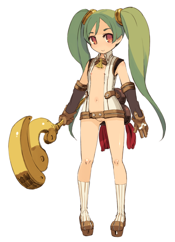 mota, original, 1girl, bottomless, female focus, flat chest, full body, gloves, loli, navel, nipples, no panties, pussy, simple background, solo, staff, standing, transparent background, twintails