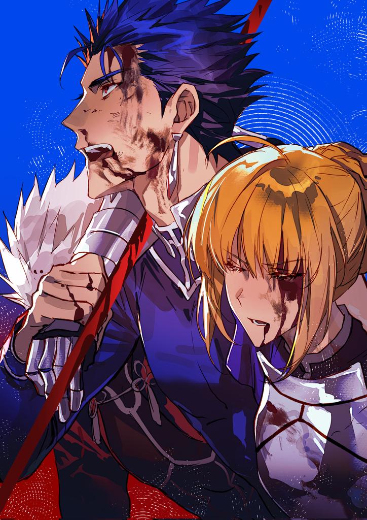 span (shibanyu63868), artoria pendragon (fate), cu chulainn (fate), cu chulainn (fate/stay night), cu chulainn (lancer) (fate), saber (fate), fate/stay night, fate (series), 1boy, 1girl, ahoge, armor, blonde hair, blood, blood from mouth, blood on face, blood on hands, blue background, blue bodysuit, blue hair, bodysuit, breastplate, carrying, carrying person, closed eyes, dress, earrings, fangs, flower knot, fur trim, gae bolg (fate), gauntlets, hair between eyes, hair bun, hair ornament, helping, holding another's wrist, injury, jewelry, juliet sleeves, long hair, long sleeves, looking to the side, low ponytail, nosebleed, open mouth, polearm, ponytail, puffy sleeves, purple dress, red eyes, short hair, sidelocks, simple background, spear, spiked hair, tassel, teeth, tongue, upper body, weapon, white armor
