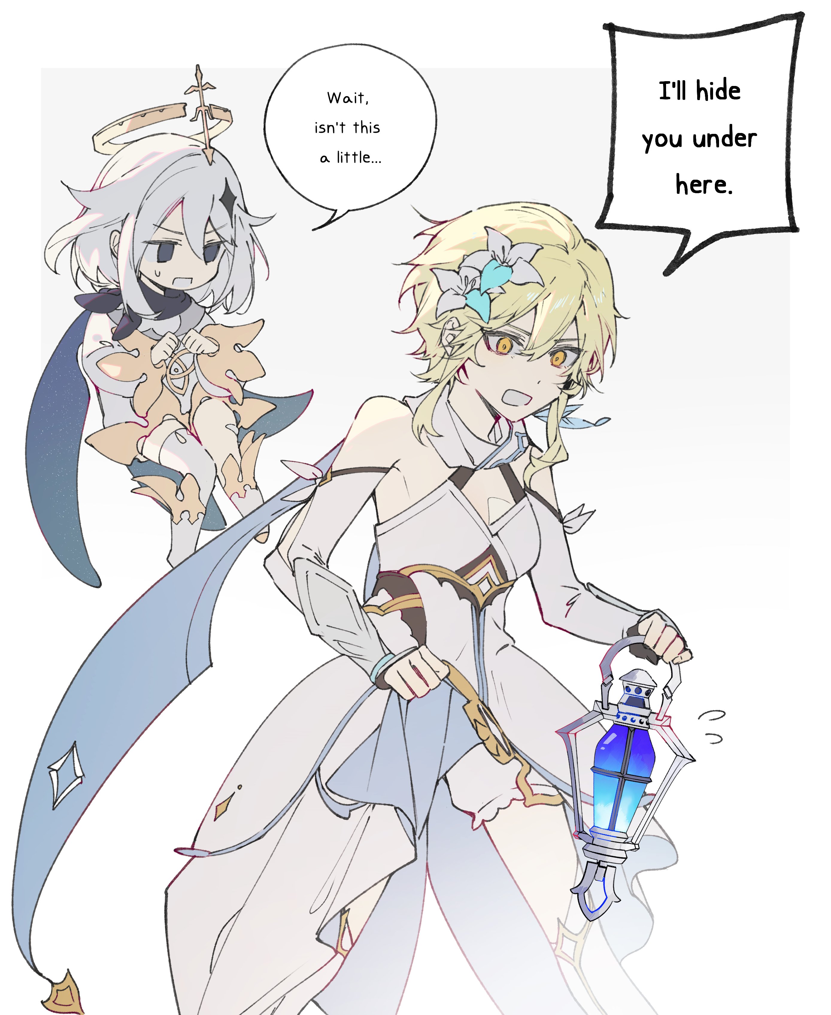 heishisei, lumine (genshin impact), paimon (genshin impact), genshin impact, absurdres, commentary, english commentary, highres, 2girls, bare shoulders, blonde hair, bloomers, boots, clothes lift, detached sleeves, dress, dress lift, english text, feather hair ornament, feathers, feet out of frame, flower, flying sweatdrops, hair flower, hair ornament, halo, holding, holding lantern, lantern, lifting own clothes, long hair, multiple girls, open mouth, perversion of canon, romper, scene reference, short hair with long locks, simple background, speech bubble, sweatdrop, thigh boots, underwear, white background, white bloomers, white dress, white hair, white romper, yellow eyes