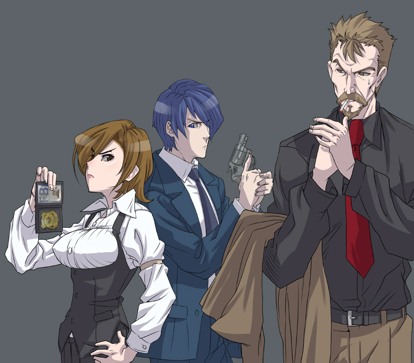 hirabaru kenji, hirahara kenji, kaito (vocaloid), leon (vocaloid), meiko (vocaloid), fbi, vocaloid, 1girl, 2boys, blue eyes, blue hair, breasts, brown eyes, brown hair, cigarette, formal clothes, gun, handgun, large breasts, multiple boys, necktie, police, revolver, short hair, simple background, smoking, suit, sweat, trigger discipline, weapon