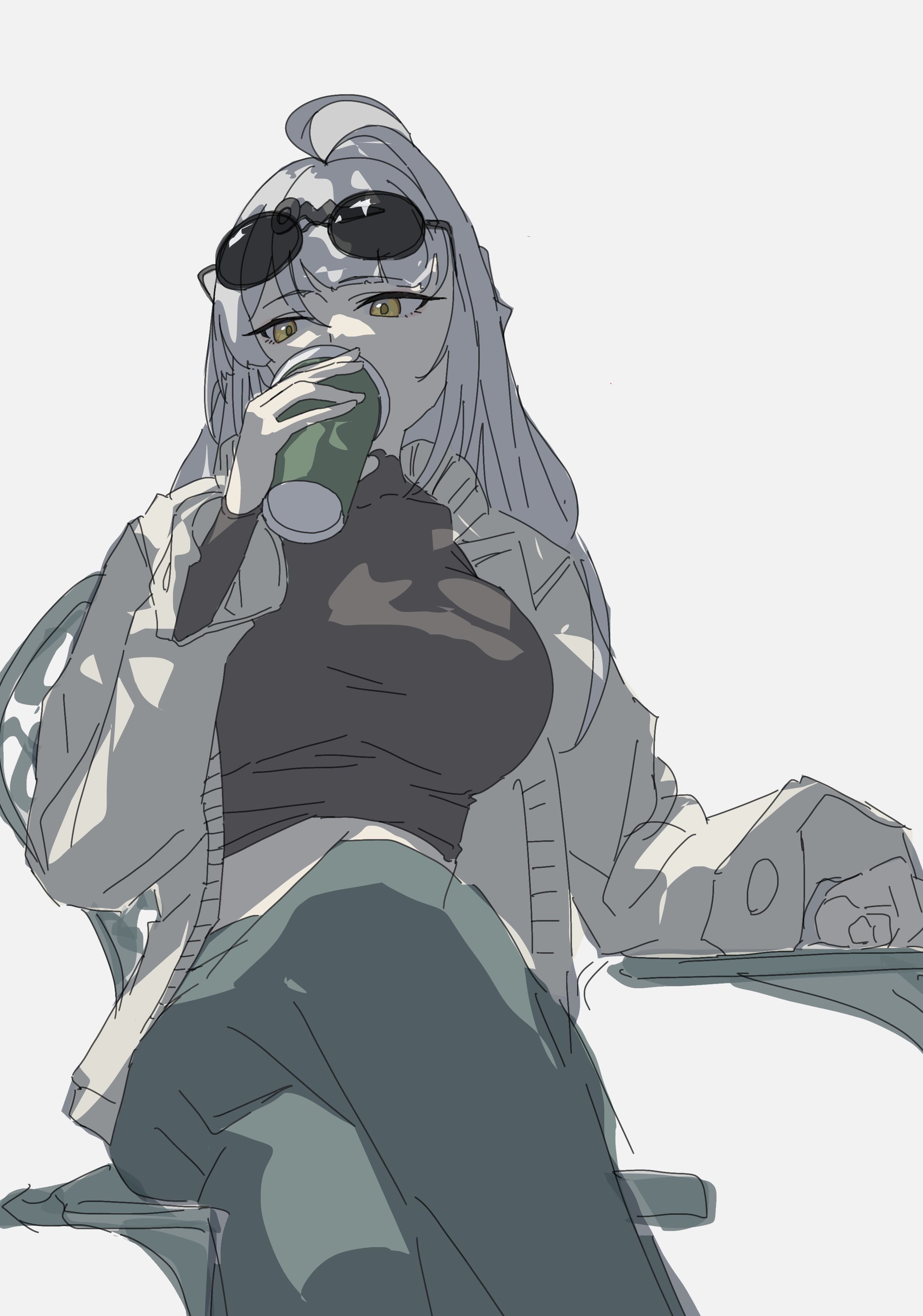 soutou nagi, yixuan (zenless zone zero), zenless zone zero, absurdres, highres, 1girl, ahoge, alternate costume, arm rest, black shirt, breasts, casual, cowboy shot, crop top, crossed legs, cup, drinking, eyewear on head, green pants, hair ornament, hairpin, holding, holding cup, jacket, large breasts, long hair, looking to the side, open clothes, pants, shirt, simple background, single hair intake, sitting, solo, sunglasses, white background, white hair, white jacket, yellow eyes