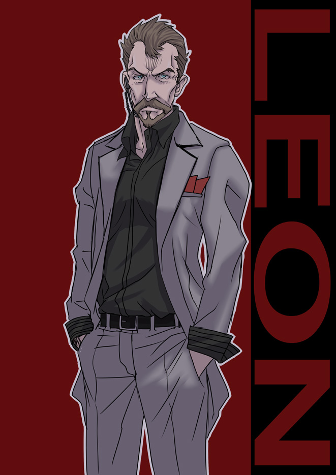 hirabaru kenji, hirahara kenji, leon (vocaloid), vocaloid, 1boy, beard, blonde hair, blue eyes, earphones, facial hair, male focus, manly, solo