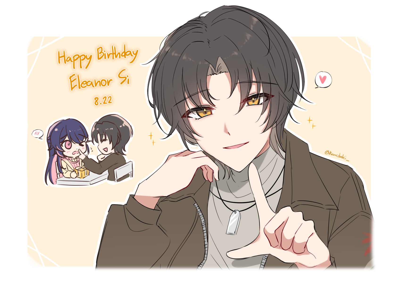 komitaki, eleanor si, love curse: find your soulmate, commentary, english commentary, highres, 2girls, androgynous, brown hair, brown jacket, chibi, chibi inset, dated, gift, happy birthday, heart, holding, holding gift, jacket, multicolored hair, multiple girls, open mouth, outline, pale skin, pink eyes, signature, sitting, smile, solo focus, spoken heart, two-tone hair, white outline, yellow background, yellow eyes, yuri