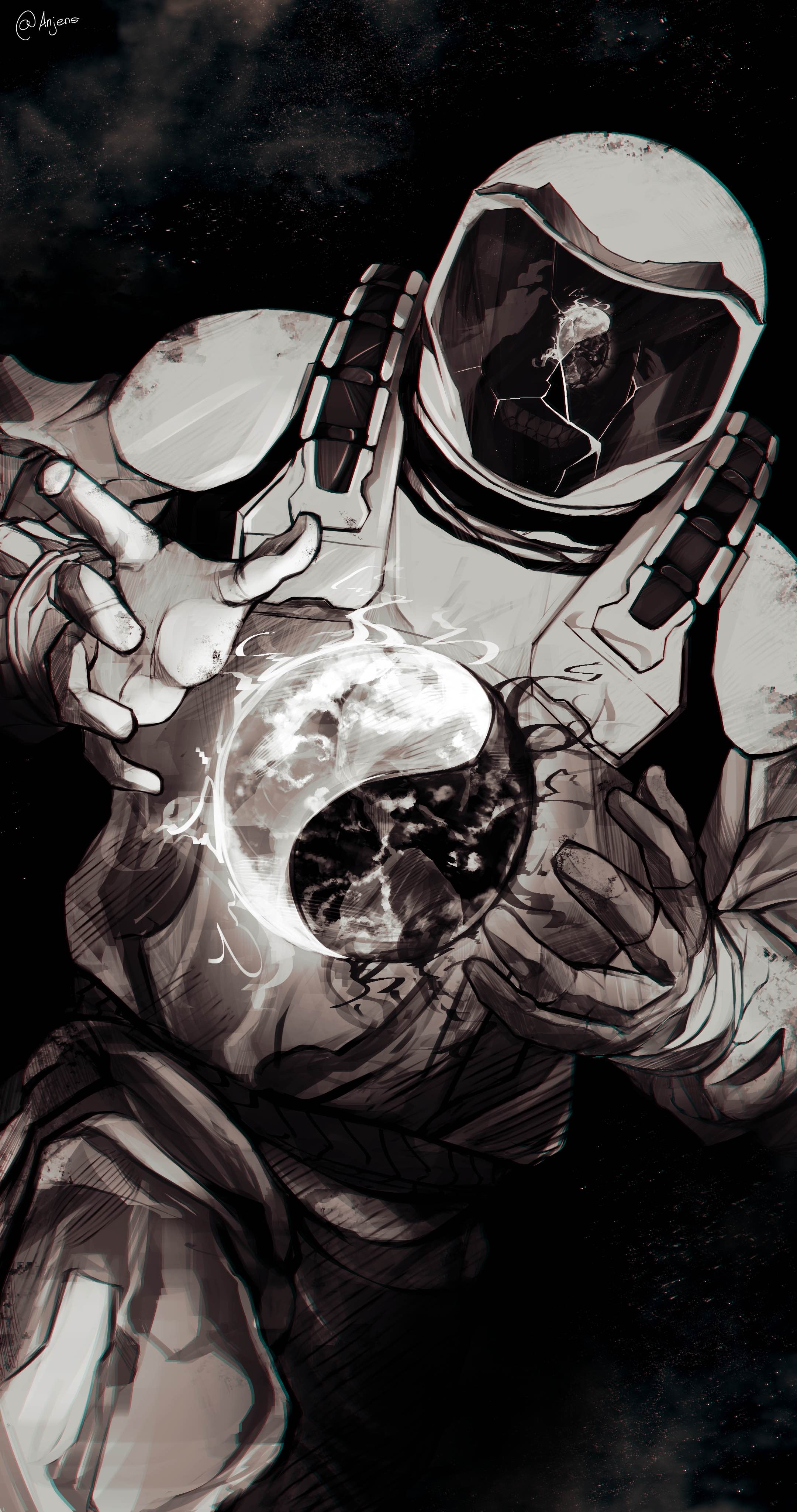 shadow slave, absurdres, highres, 1other, anjens, asterion (shadow slave), astronaut, broken glass, covered face, cowboy shot, different reflection, floating, glass, hands up, heart (organ), helmet, orb, other focus, reflection, solo, space, space helmet, spacesuit, yin yang, yin yang orb