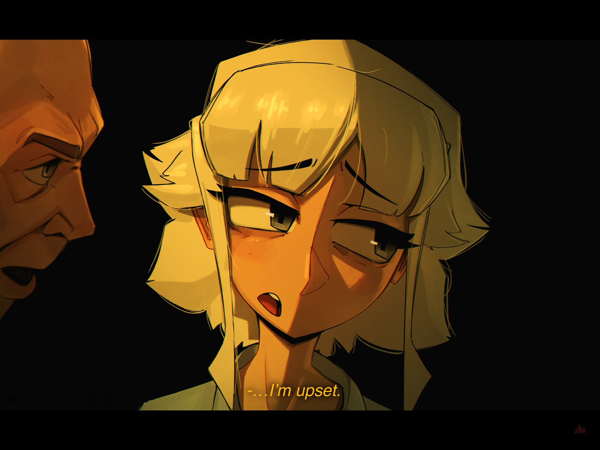 shibansfw, terence fletcher, original, whiplash (2014 movie), highres, 1boy, 1girl, bald, english text, upper body, white hair