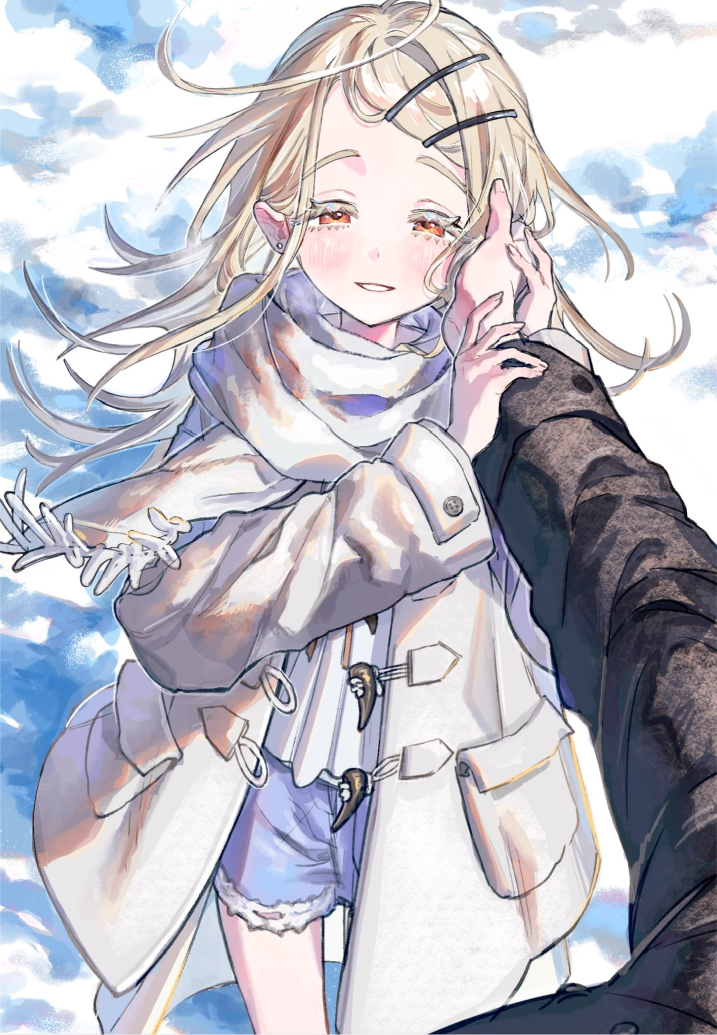 hisato 00, producer (idolmaster), shinosawa hiro, gakuen idolmaster, idolmaster, commentary request, highres, 1boy, 1girl, black coat, blonde hair, blue shorts, blush, coat, colored eyelashes, cowboy shot, denim, denim shorts, duffel coat, earrings, hair ornament, hairclip, half-closed eyes, hands up, holding hands, jewelry, long hair, long sleeves, looking at viewer, open mouth, orange eyes, outdoors, outstretched arm, parallel hairclips, parted bangs, scarf, shirt, shorts, smile, snow, solo focus, standing, stud earrings, white coat, white scarf, white shirt
