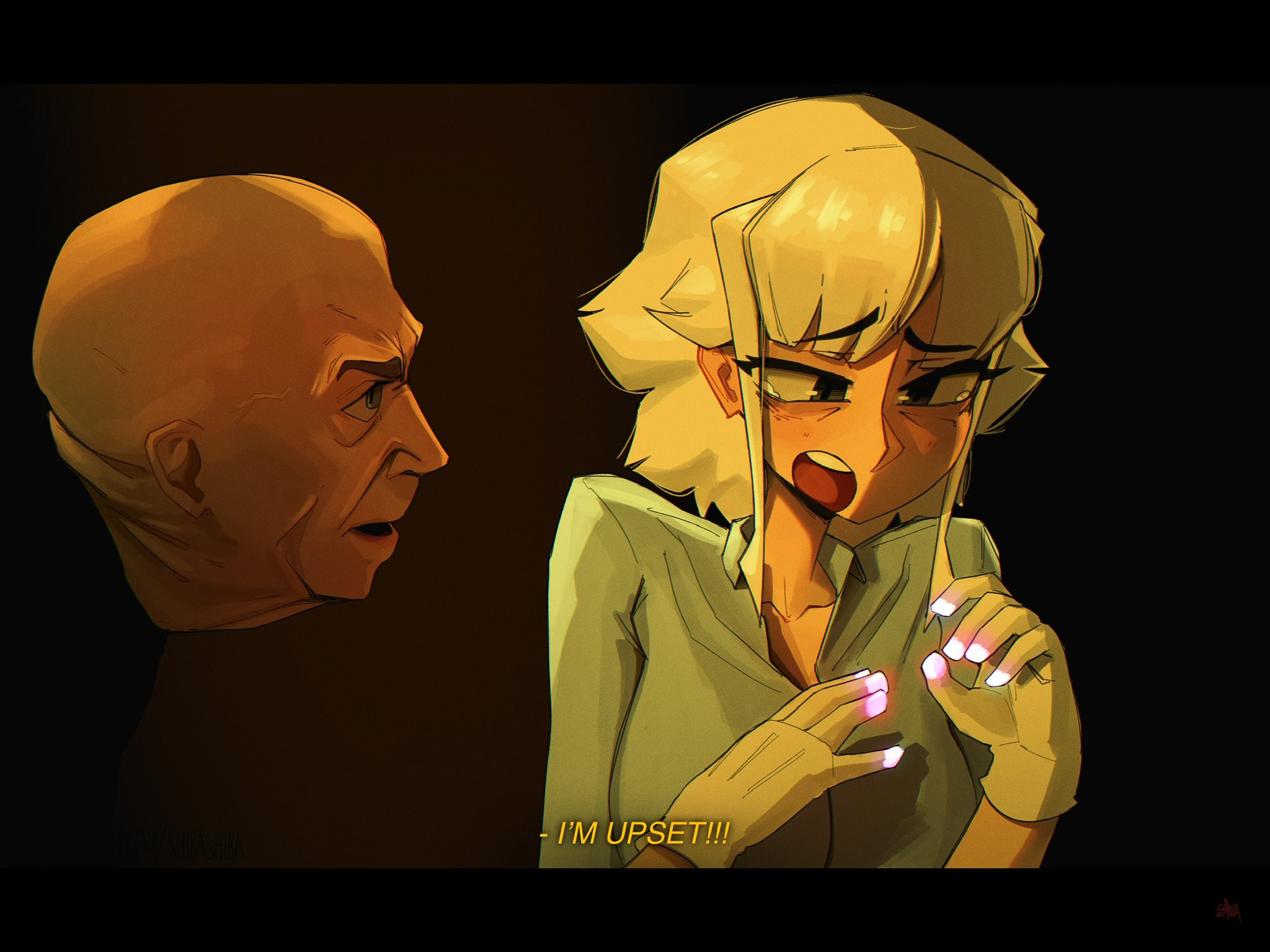 shibansfw, terence fletcher, original, whiplash (2014 movie), highres, 1boy, 1girl, bald, blush, embarrassed, english text, gloves, looking at another, white gloves