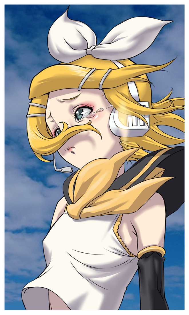 hirabaru kenji, hirahara kenji, kagamine rin, vocaloid, 1girl, aqua eyes, blonde hair, close-up, detached sleeves, female focus, hair ornament, hair ribbon, hairclip, headphones, lips, outdoors, ribbon, sad, short hair, sky, solo, tears, wind
