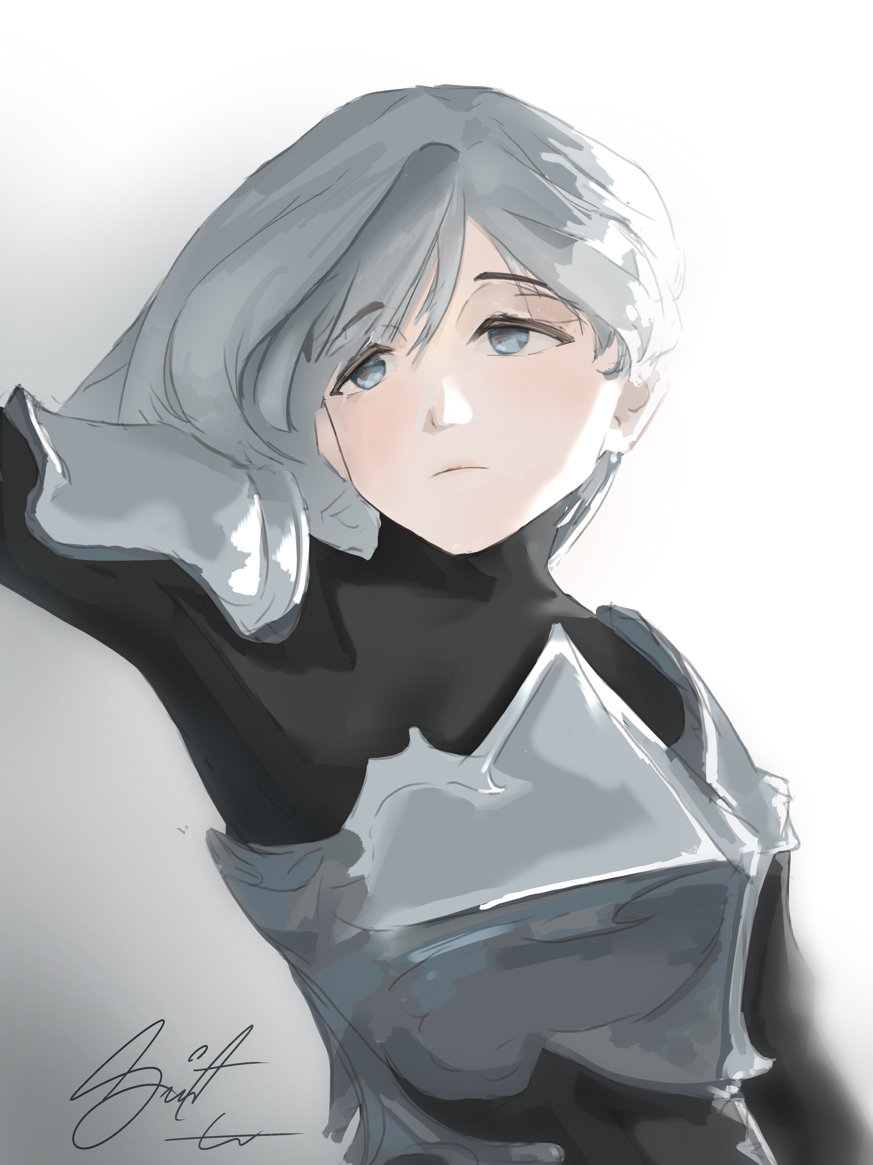 nephis (shadow slave), shadow slave, absurdres, highres, 1girl, arm up, armor, breastplate, expressionless, grey eyes, long hair, looking to the side, shoulder armor, solo, swift6000, upper body, white hair