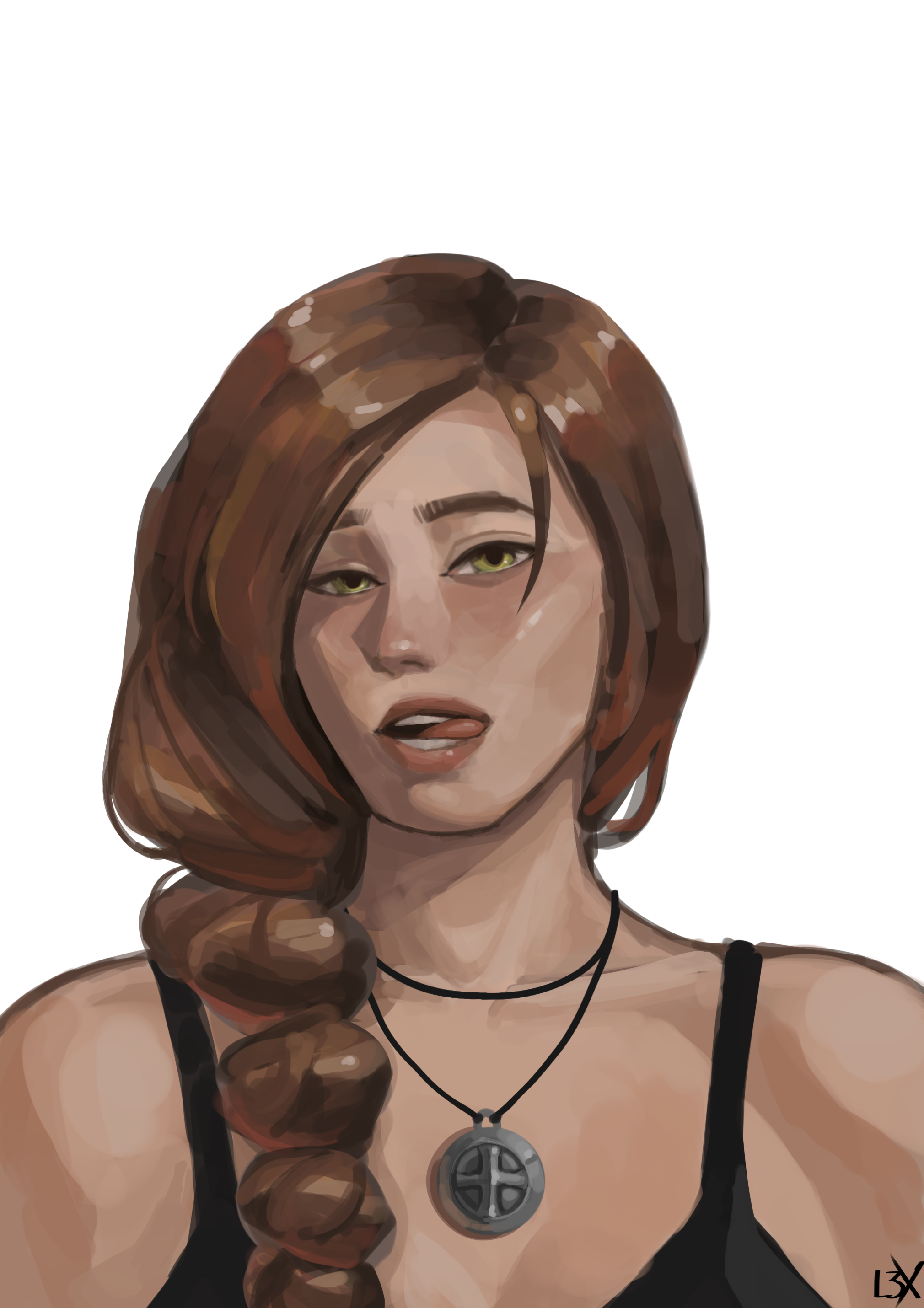 effie (shadow slave), shadow slave, absurdres, highres, 1girl, aegyo sal, biting own tongue, black tank top, braid, brown hair, green eyes, hair over shoulder, jewelry, l3xarts 17, looking at viewer, necklace, solo, spaghetti strap, tank top, tongue, tongue out, upper body