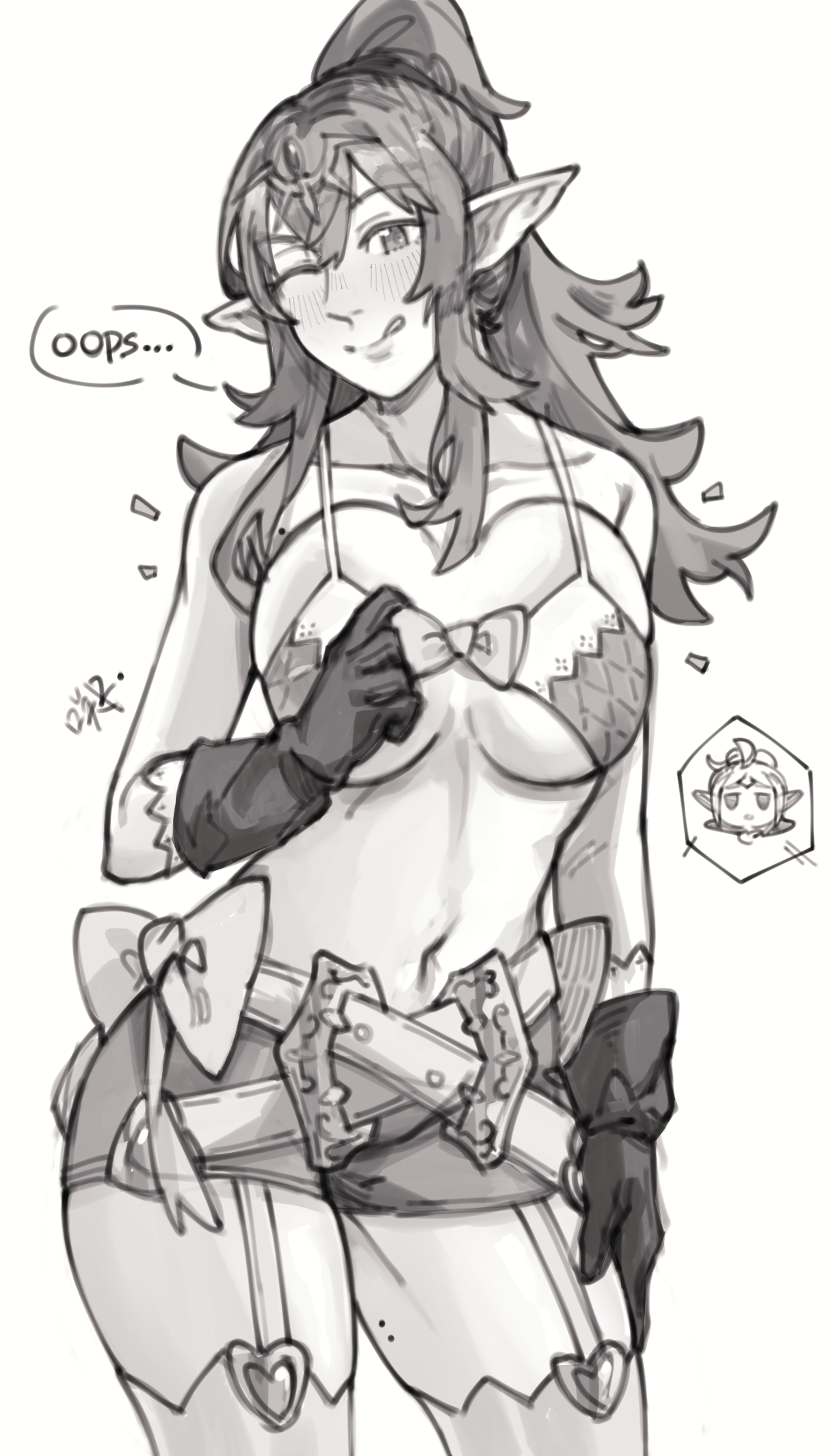 sakuremi, nowi (fire emblem), tiki (adult) (fire emblem), tiki (fire emblem), fire emblem, fire emblem awakening, nintendo, commentary, english commentary, highres, 2girls, ;q, alternate costume, bare arms, bare shoulders, bikini, bikini top only, breasts, breasts squeezed together, chibi, cosplay, english text, large breasts, licking lips, long hair, looking at viewer, mole, mole on thigh, multiple girls, navel, nowi (fire emblem) (cosplay), one eye closed, pointy ears, ponytail, short shorts, shorts, simple background, smile, solo focus, speech bubble, stomach, swimsuit, teasing, thick thighs, thighs, tongue, tongue out, underboob, undersized clothes