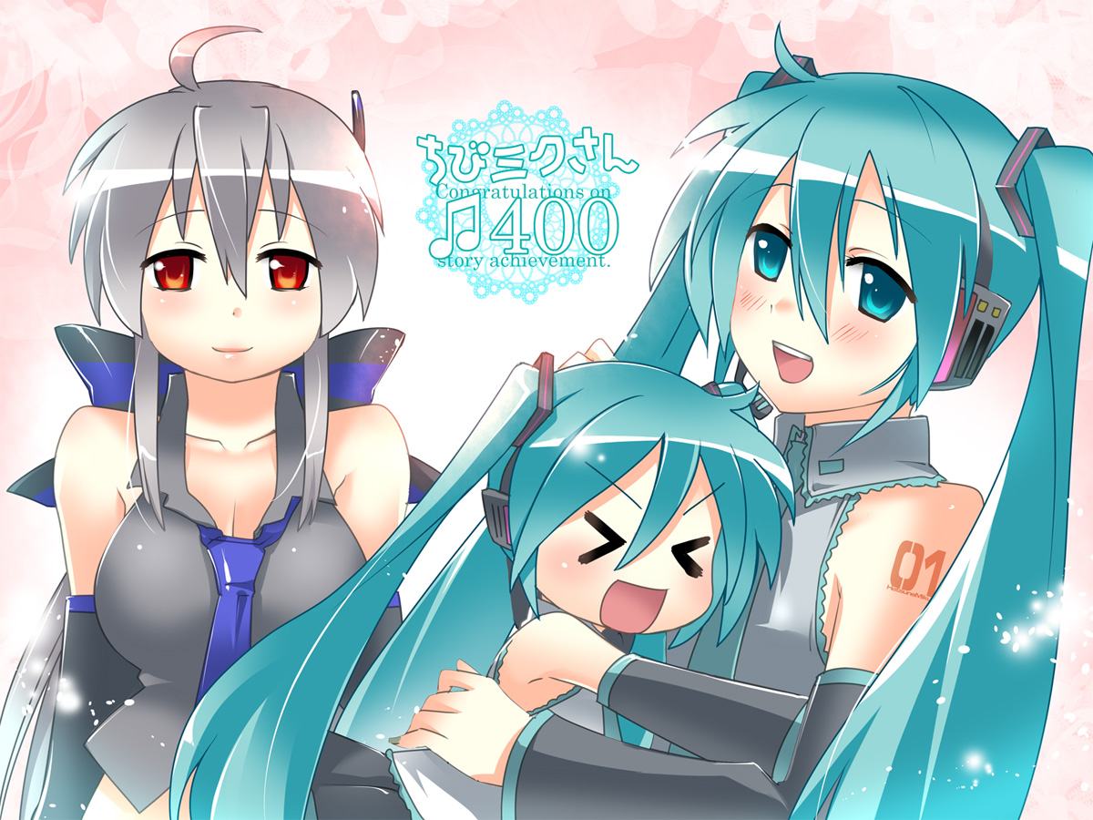 caffein, chibi miku, hatsune miku, yowane haku, vocaloid, silver hair, > <, > <, 3girls, :d, ahoge, aqua eyes, aqua hair, blush, breasts, cleavage, closed eyes, detached sleeves, headset, hug, long hair, medium breasts, multiple girls, necktie, open mouth, red eyes, small breasts, smile, sparkle, twintails, very long hair, xd