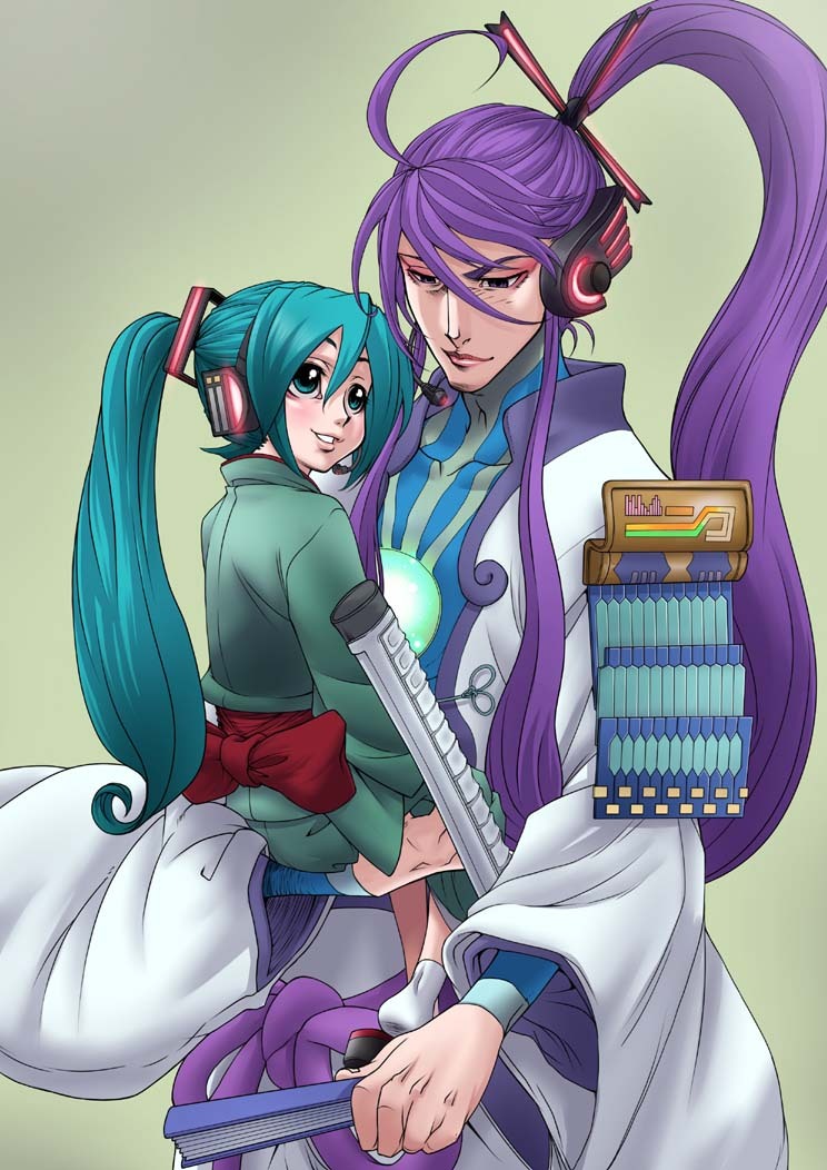 hirabaru kenji, hatsune miku, kamui gakupo, vocaloid, 1boy, 1girl, ahoge, aqua eyes, aqua hair, armor, child, folded fan, folding fan, hand fan, headphones, headset, holding, japanese armor, japanese clothes, long hair, ponytail, purple hair, shoulder armor, smile, sode, sword, twintails, weapon