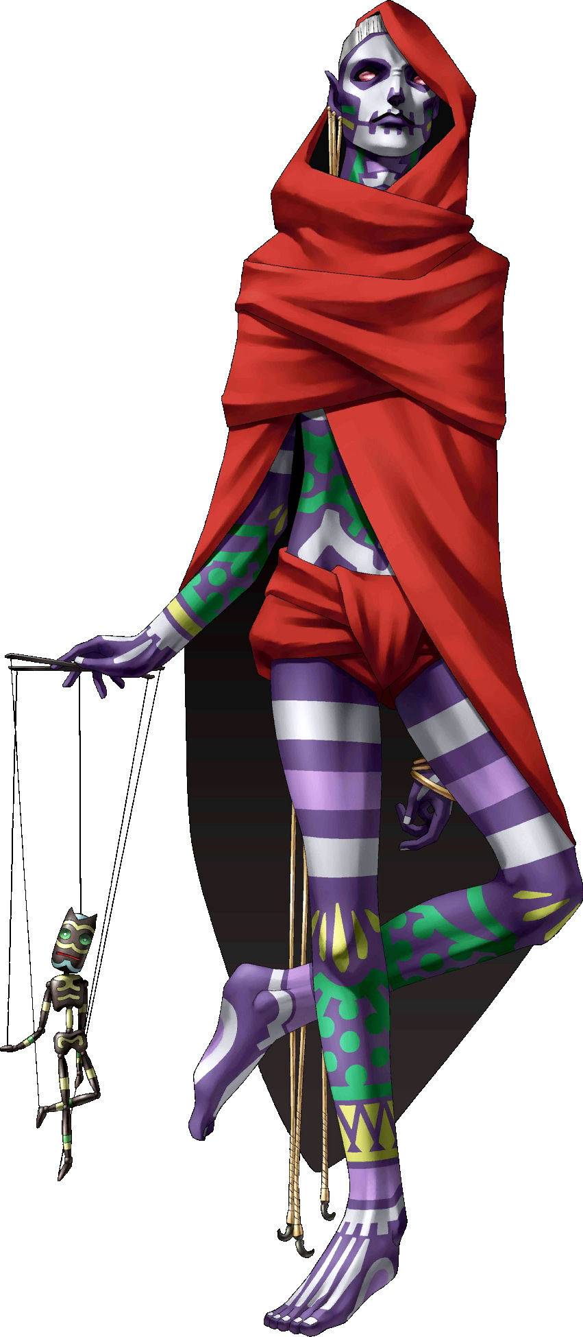 kazuma kaneko, nebiros (megami tensei), shin megami tensei, shin megami tensei i, highres, official art, photoshop (medium), third-party source, 1boy, bracelet, cloak, colored skin, control bar, demon (megami tensei), full-body tattoo, hood, hooded cloak, jewelry, marionette, pointy ears, puppet, puppet strings, purple skin, red eyes, solo, standing, standing on one leg, tattoo, transparent background