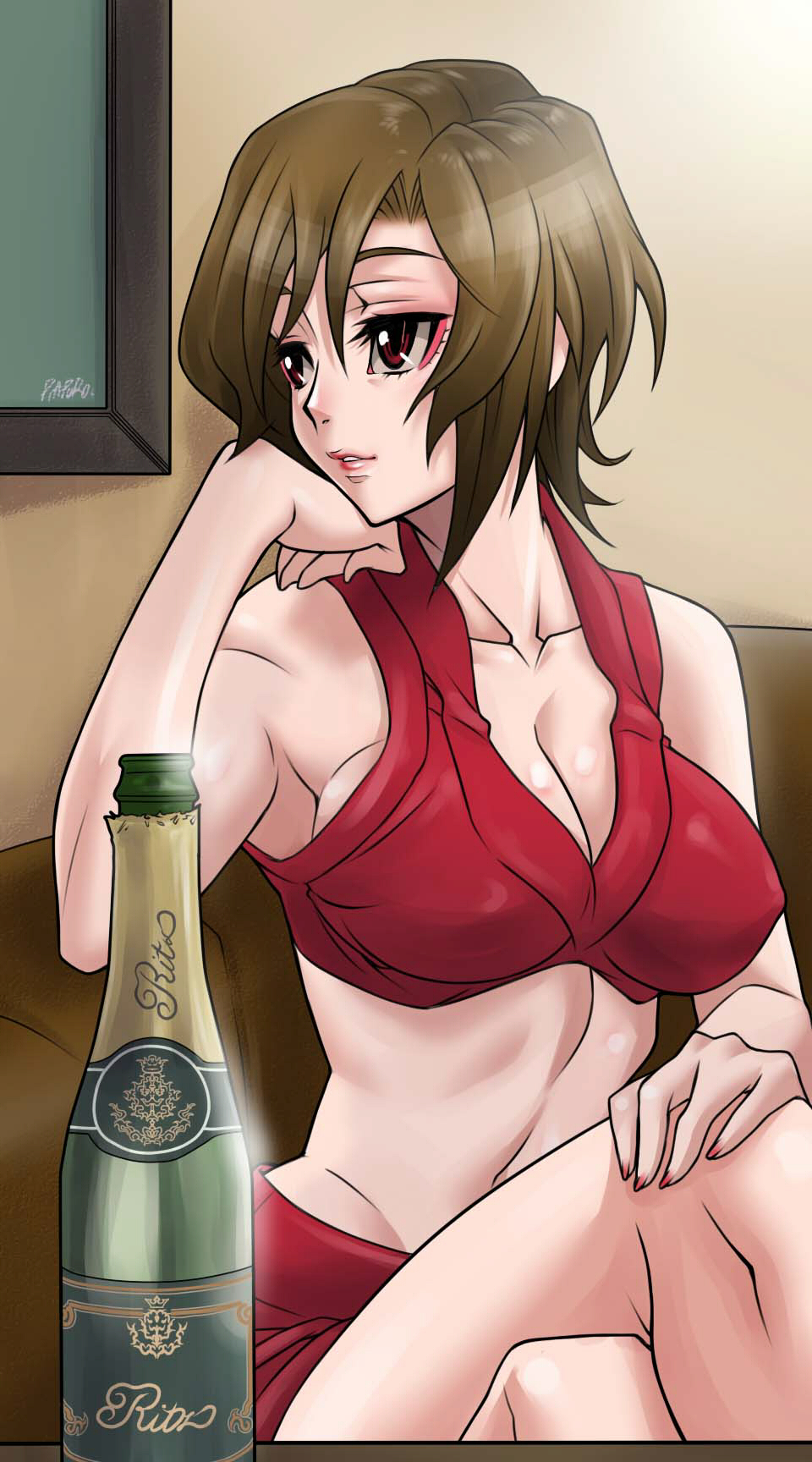 hirabaru kenji, meiko (vocaloid), vocaloid, highres, 1girl, bottle, bra, breasts, brown eyes, brown hair, cleavage, crossed legs, female focus, head rest, indoors, lingerie, midriff, navel, short hair, sitting, skirt, solo, underwear