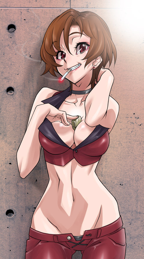 hirabaru kenji, meiko (vocaloid), vocaloid, 1girl, between breasts, breasts, brown eyes, brown hair, cigarette, cleavage, female focus, grin, groin, lighter, midriff, navel, short hair, skirt, smile, smoking, solo