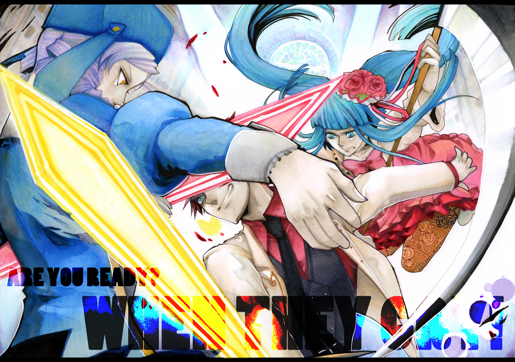 noppo, dlanor a. knox, eiserne jungfrau, furudo erika, ushiromiya battler, umineko no naku koro ni, bad id, bad pixiv id, highres, 00s, blue hair, blunt bangs, choker, dress, drill hair, english text, formal clothes, hair ornament, hime cut, jacket, long hair, necktie, red hair, ribbon, short hair, smile, sword, text focus, twintails, weapon