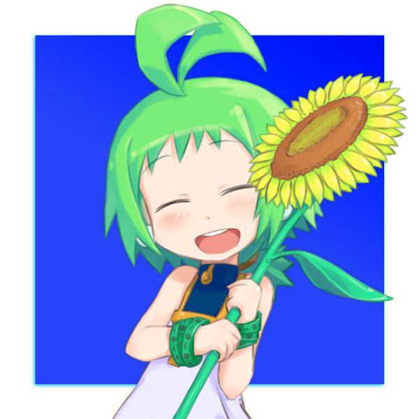 kurabayashi aya, marona (phantom brave), phantom brave, 1girl, ahoge, closed eyes, female focus, flower, green hair, solo, sunflower