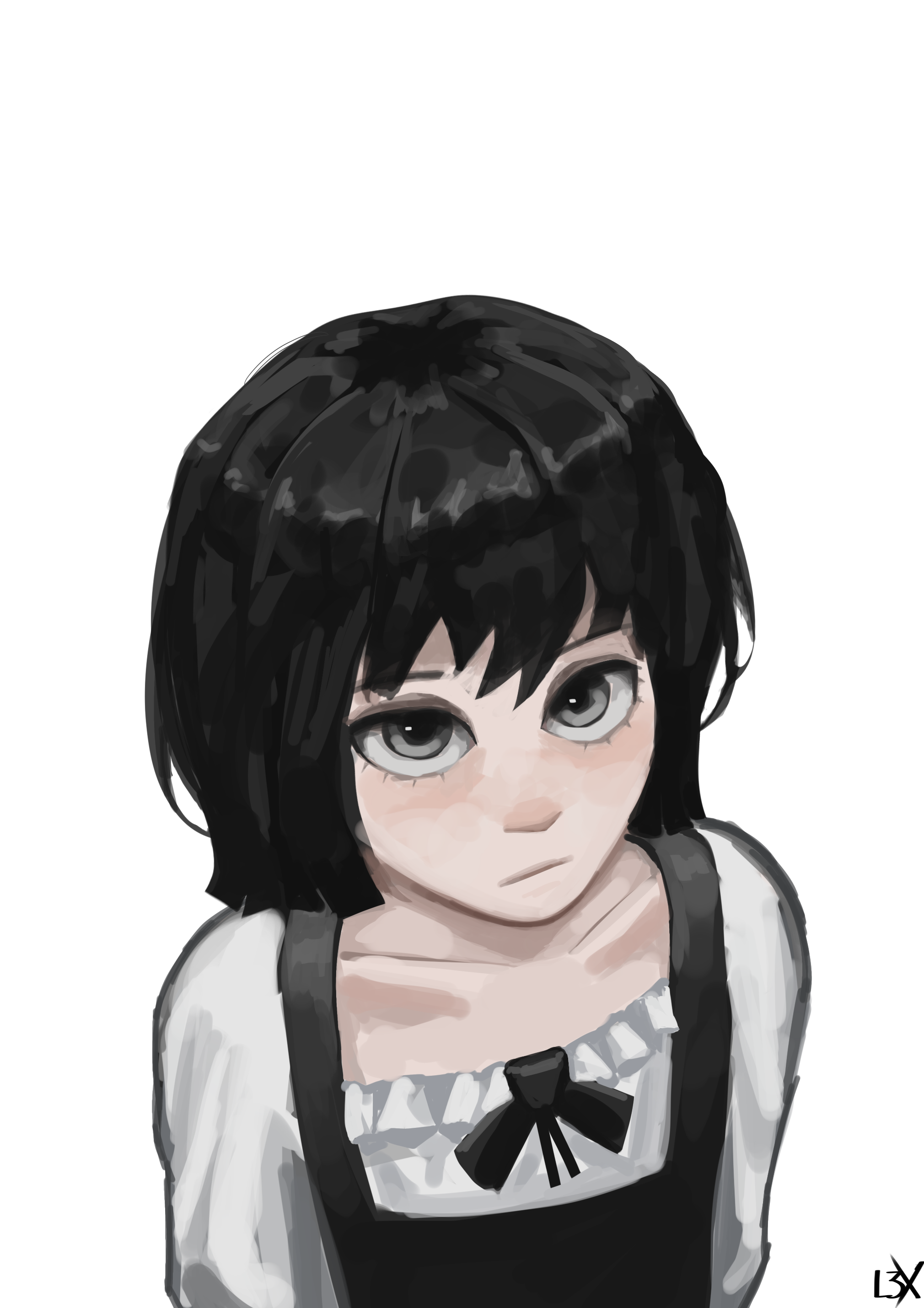 nephis (shadow slave), shadow slave, absurdres, highres, spoilers, 1girl, aegyo sal, aged down, black hair, bob cut, chest ribbon, dress, expressionless, grey eyes, l3xarts 17, looking at viewer, short hair, solo, upper body, white dress