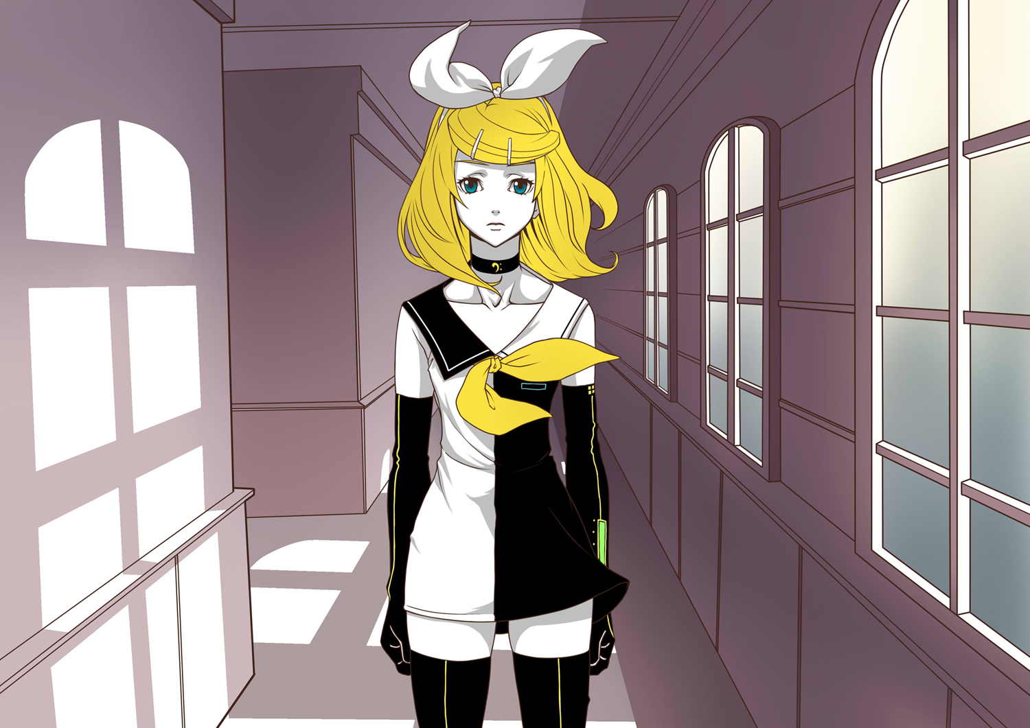 hirabaru kenji, kagamine rin, roshin yuukai (vocaloid), vocaloid, screencap, 1girl, alternate hairstyle, blonde hair, blue eyes, dress, elbow gloves, female focus, gloves, hair ornament, hair ribbon, hairclip, indoors, long hair, ribbon, sailor dress, solo, thighhighs, zettai ryouiki