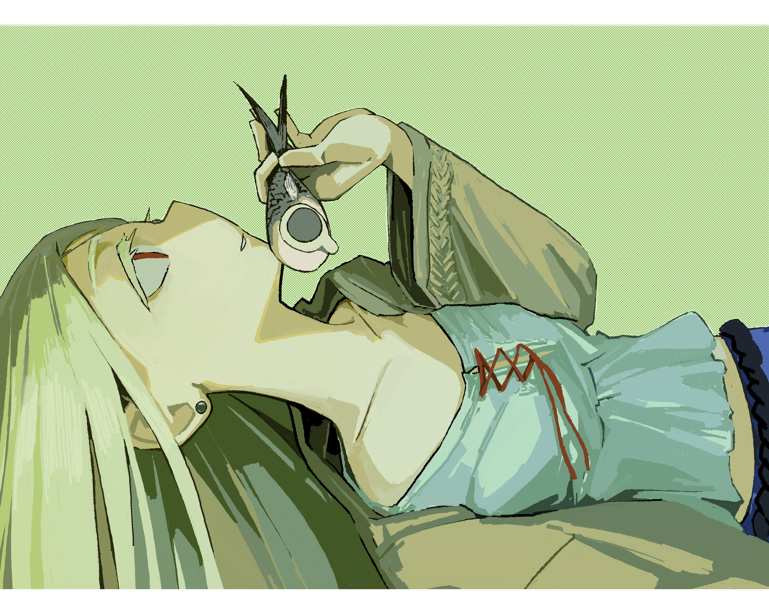 shinosawa hiro, gakuen idolmaster, idolmaster, highres, 1girl, animal, belt, black belt, blonde hair, brown eyes, camisole, clock owo, collarbone, colored eyelashes, earrings, fish, from side, green background, grey robe, hand up, holding, holding animal, holding fish, jewelry, letterboxed, long hair, long sleeves, looking up, lying, midriff, on back, open clothes, open robe, parted bangs, parted lips, profile, red ribbon, ribbon, robe, rope belt, solo, stud earrings, white camisole, wide sleeves