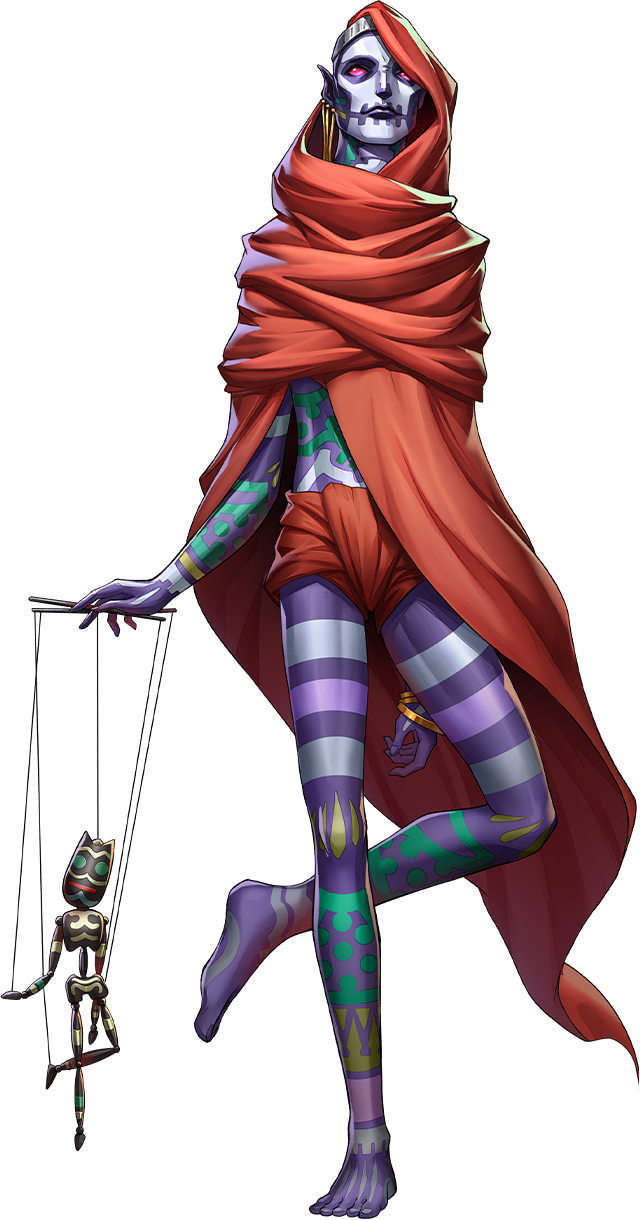nebiros (megami tensei), persona, persona 5, persona 5: the phantom x, shin megami tensei, artist request, highres, official art, third-party source, 1boy, bracelet, cloak, colored skin, control bar, demon (megami tensei), earrings, full-body tattoo, hood, hooded cloak, jewelry, marionette, pointy ears, puppet, puppet strings, purple skin, red eyes, solo, standing, standing on one leg, tattoo, transparent background