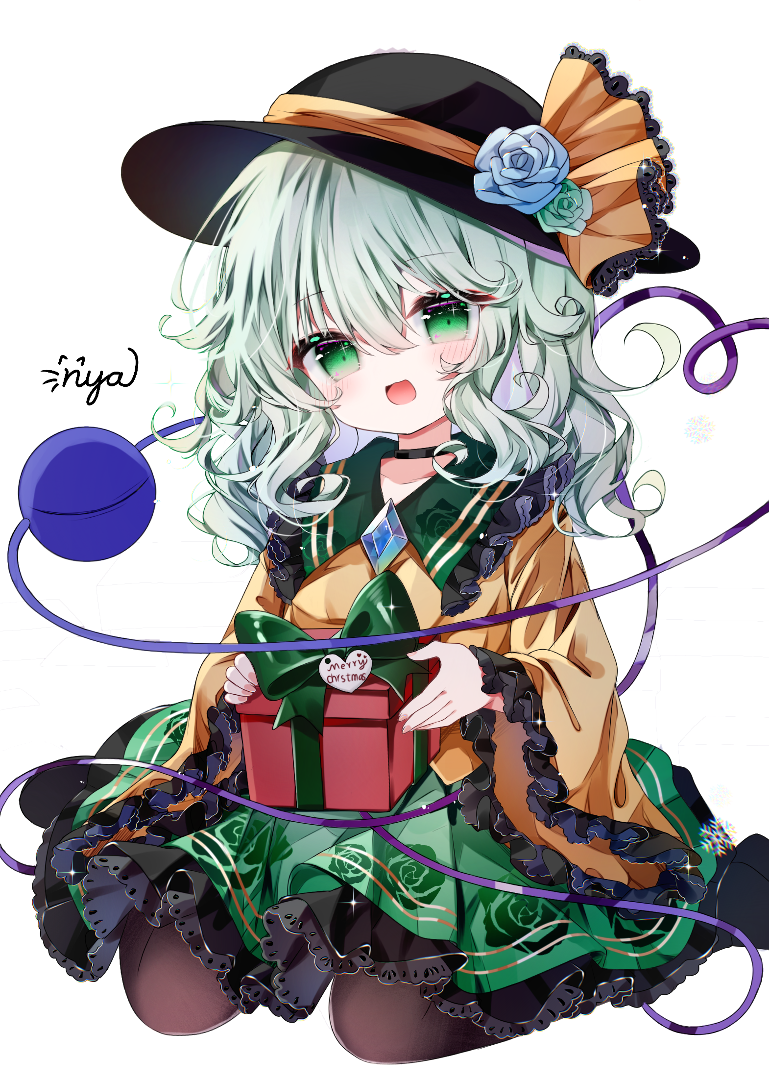 nya (pixiv 100585577), komeiji koishi, touhou, commentary request, highres, 1girl, black hat, blush, box, brown pantyhose, collared shirt, eyeball, floral print, frilled shirt collar, frilled skirt, frilled sleeves, frills, gift, gift box, green eyes, green hair, green skirt, hat, hat ribbon, heart, long sleeves, looking at viewer, open mouth, pantyhose, print skirt, ribbon, rose print, shirt, signature, simple background, sitting, skirt, smile, solo, third eye, white background, wide sleeves, yellow ribbon, yellow shirt
