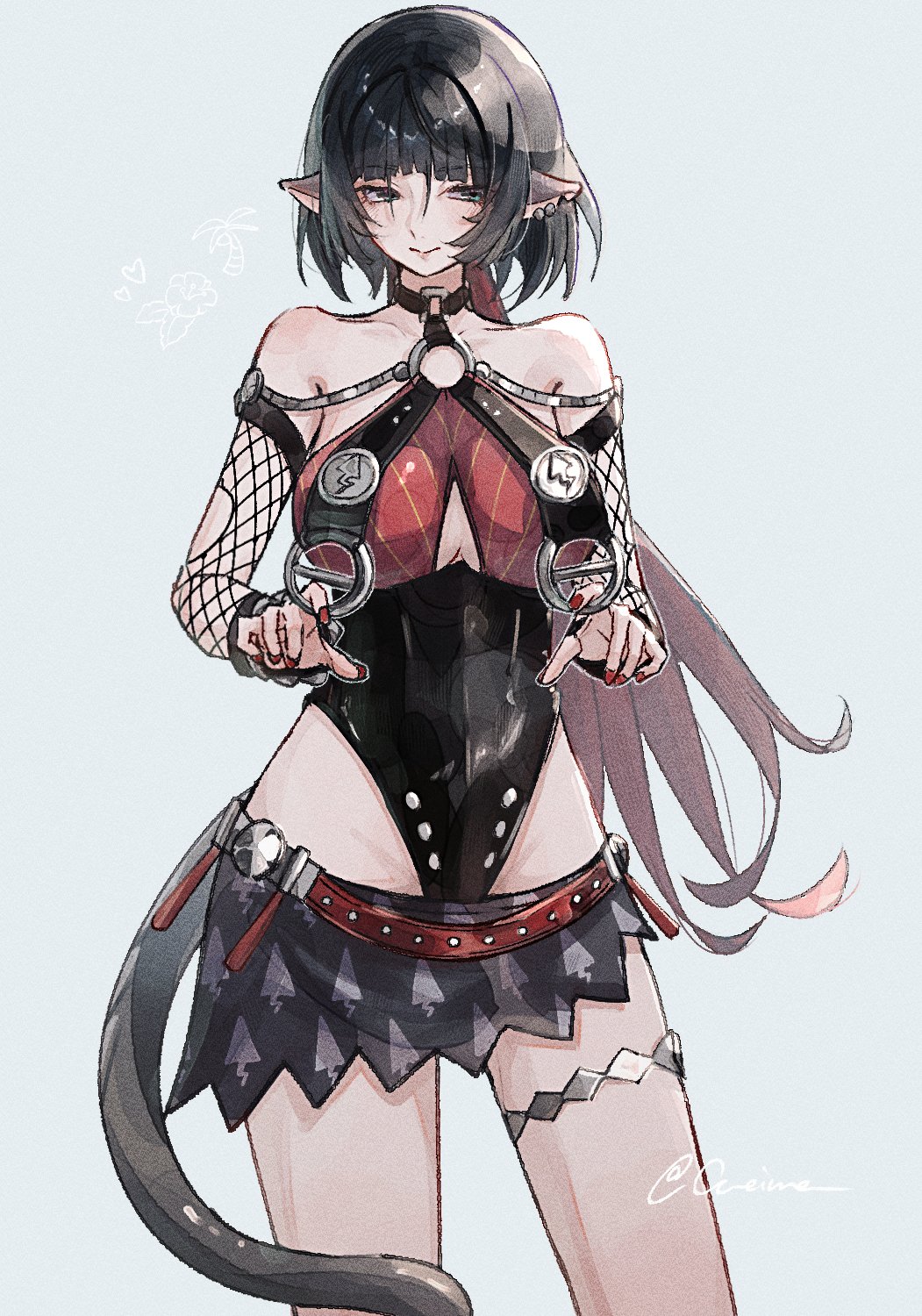 oimo (0o oimo ), jane doe (nocturne of light) (zenless zone zero), jane doe (zenless zone zero), zenless zone zero, commentary request, highres, 1girl, animal ears, bare shoulders, black choker, black hair, black one-piece swimsuit, black sarong, blue background, blue eyes, blush, breast curtains, breasts, choker, cleavage, closed mouth, collarbone, cowboy shot, earrings, fishnet sleeves, fishnets, grey tail, jewelry, large breasts, leather leotard, long hair, looking to the side, mouse ears, mouse girl, mouse tail, multicolored hair, official alternate costume, one-piece swimsuit, red hair, red nails, red one-piece swimsuit, sarong, smile, solo, swimsuit, tail, thigh strap, twitter username, two-tone one-piece swimsuit