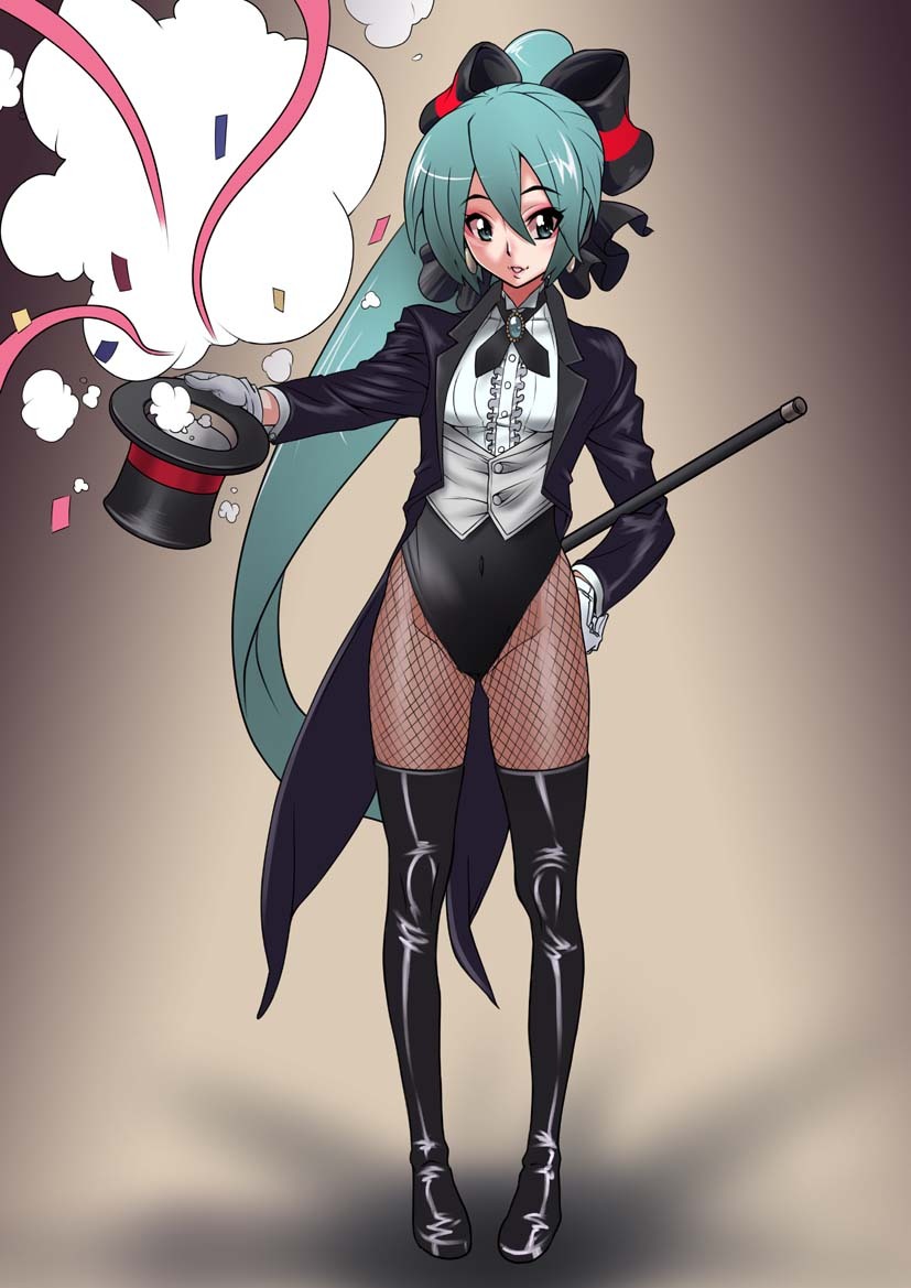 hirabaru kenji, hatsune miku, hatsune miku (magician), miracle paint (vocaloid), project diva, project diva (series), vocaloid, 1girl, aqua eyes, aqua hair, boots, coat, female focus, fishnet pantyhose, fishnets, hair ribbon, hat, hat tip, knee boots, legs, long hair, magician, pantyhose, ponytail, ribbon, solo, thigh boots, thighhighs, top hat, very long hair