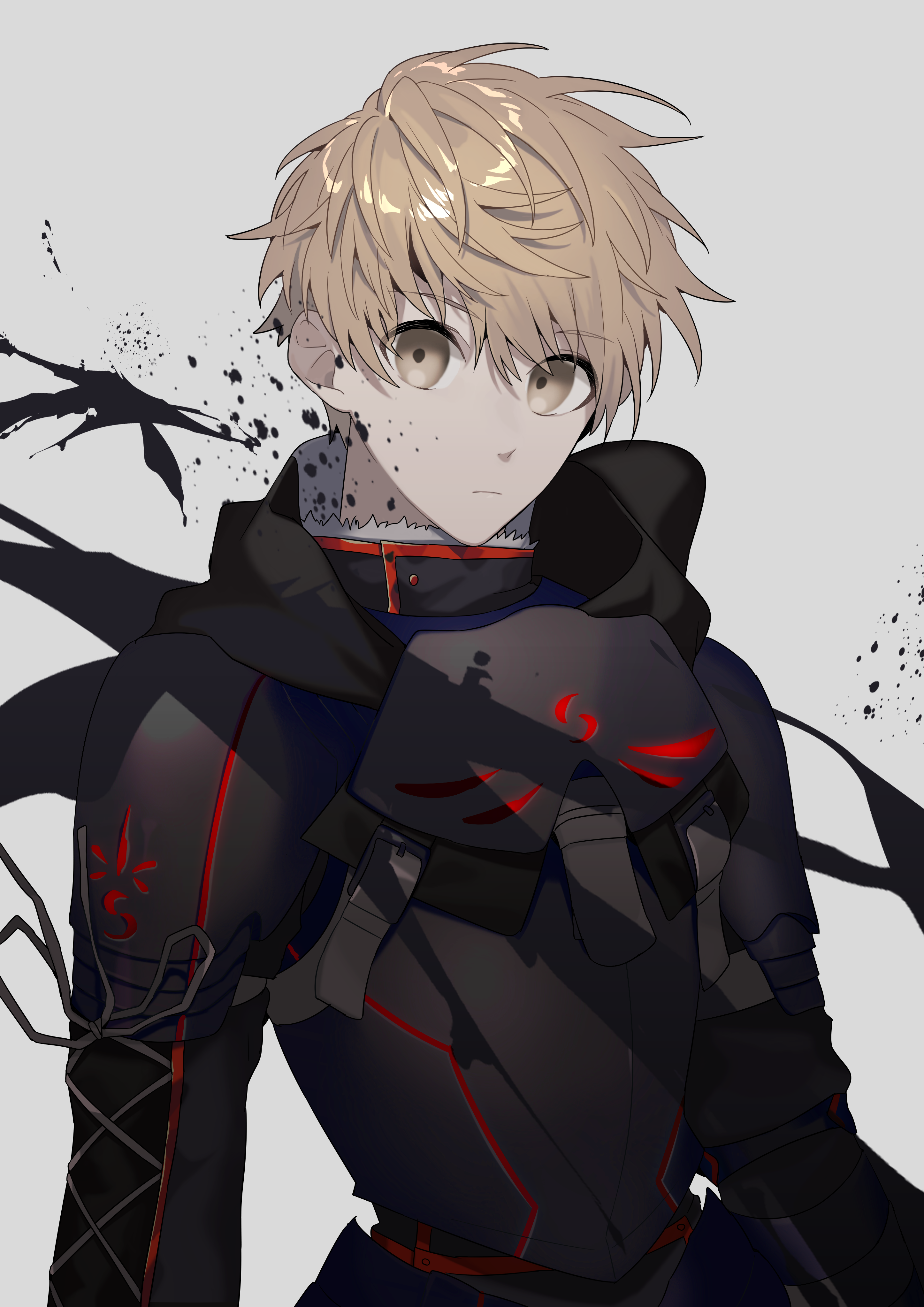sayu (kamicimo), arthur pendragon (fate), arthur pendragon alter (fate), fate/prototype, fate (series), absurdres, commentary request, highres, 1boy, armor, black armor, black hood, black ribbon, black shirt, blonde hair, breastplate, brown eyes, buttons, closed mouth, dark persona, empty eyes, faulds, full armor, fur-trimmed shirt, fur trim, grey background, hair between eyes, long sleeves, looking at viewer, male focus, pauldrons, ribbon, shirt, short hair, shoulder armor, simple background, solo