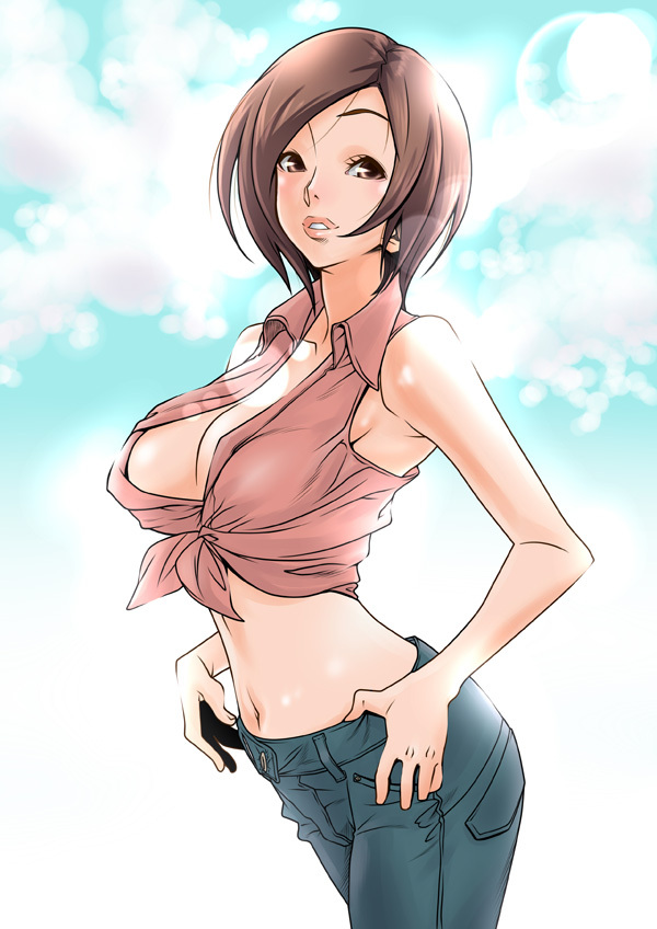 hirabaru kenji, meiko (vocaloid), vocaloid, 1girl, armpits, breasts, brown eyes, brown hair, casual, cleavage, denim, female focus, front-tie top, jeans, large breasts, lips, midriff, navel, outdoors, pants, short hair, sky, smile, solo