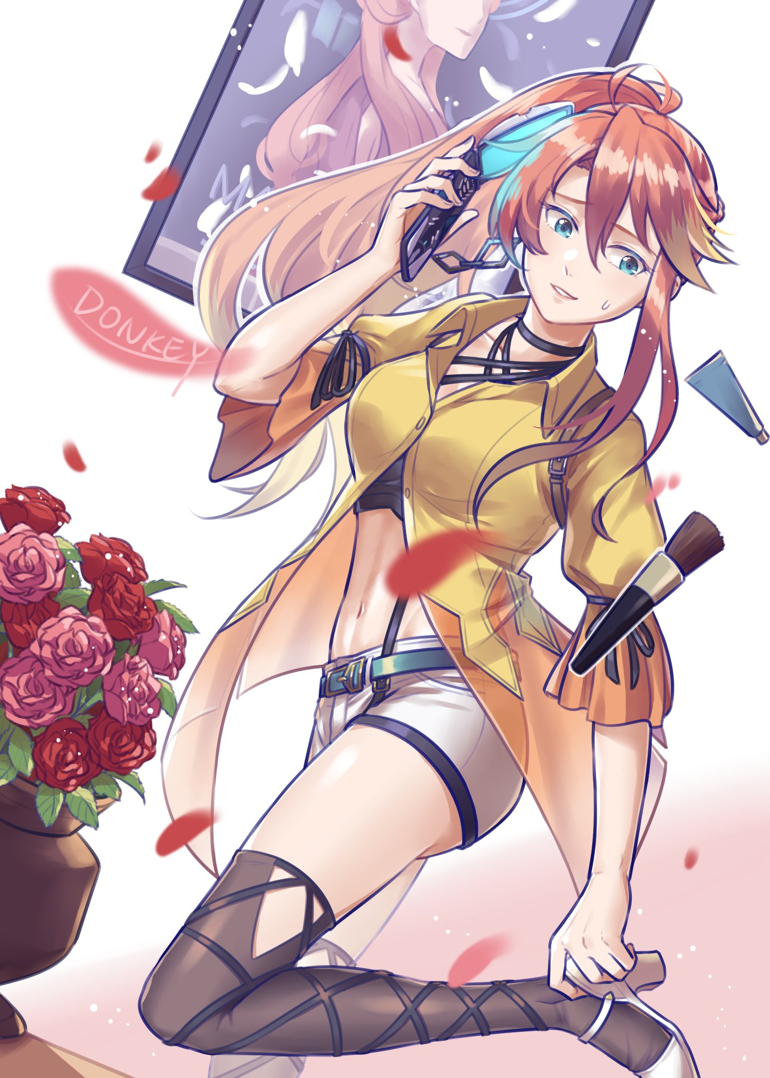 judith lanster, eiyuu densetsu, kai no kiseki, kuro no kiseki (series), kuro no kiseki i, highres, 1girl, aradonkey, blue eyes, coat, flower, legs, long hair, multicolored hair, orange hair, ponytail, short shorts, shorts, simple background, sunglasses, thighhighs, two-tone hair, yellow coat