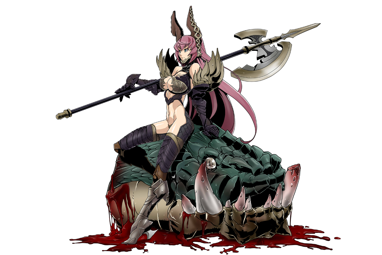 hirabaru kenji, megurine luka, vocaloid, 1girl, aqua eyes, armor, blood, breasts, cleavage, dragon, fantasy, female focus, gauntlets, greaves, halberd, long hair, midriff, navel, pink hair, polearm, severed head, simple background, solo, thighhighs, very long hair, weapon