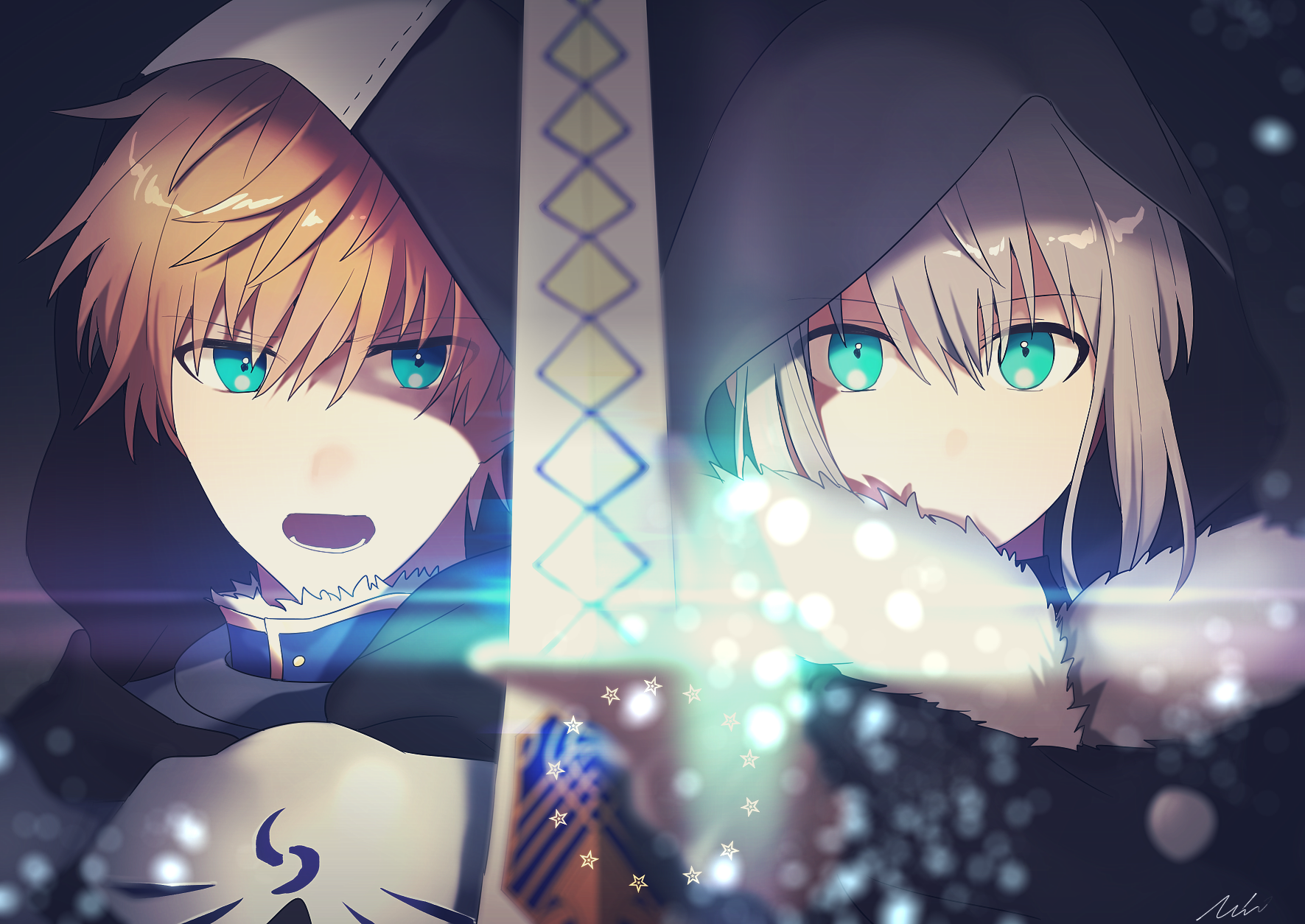 sayu (kamicimo), arthur pendragon (fate), artoria pendragon (fate), saber (fate), fate/grand order, fate (series), commentary request, highres, 1boy, 1girl, aqua eyes, armor, black background, black cape, black hood, blonde hair, blue shirt, breastplate, buttons, cape, covered mouth, excalibur (fate/stay night), full armor, fur-trimmed cape, fur-trimmed shirt, fur trim, hair between eyes, looking at viewer, open mouth, orange hair, shirt, short hair, sidelocks, signature, simple background, star (symbol), sword, teeth, upper body, v-shaped eyebrows, weapon, white armor