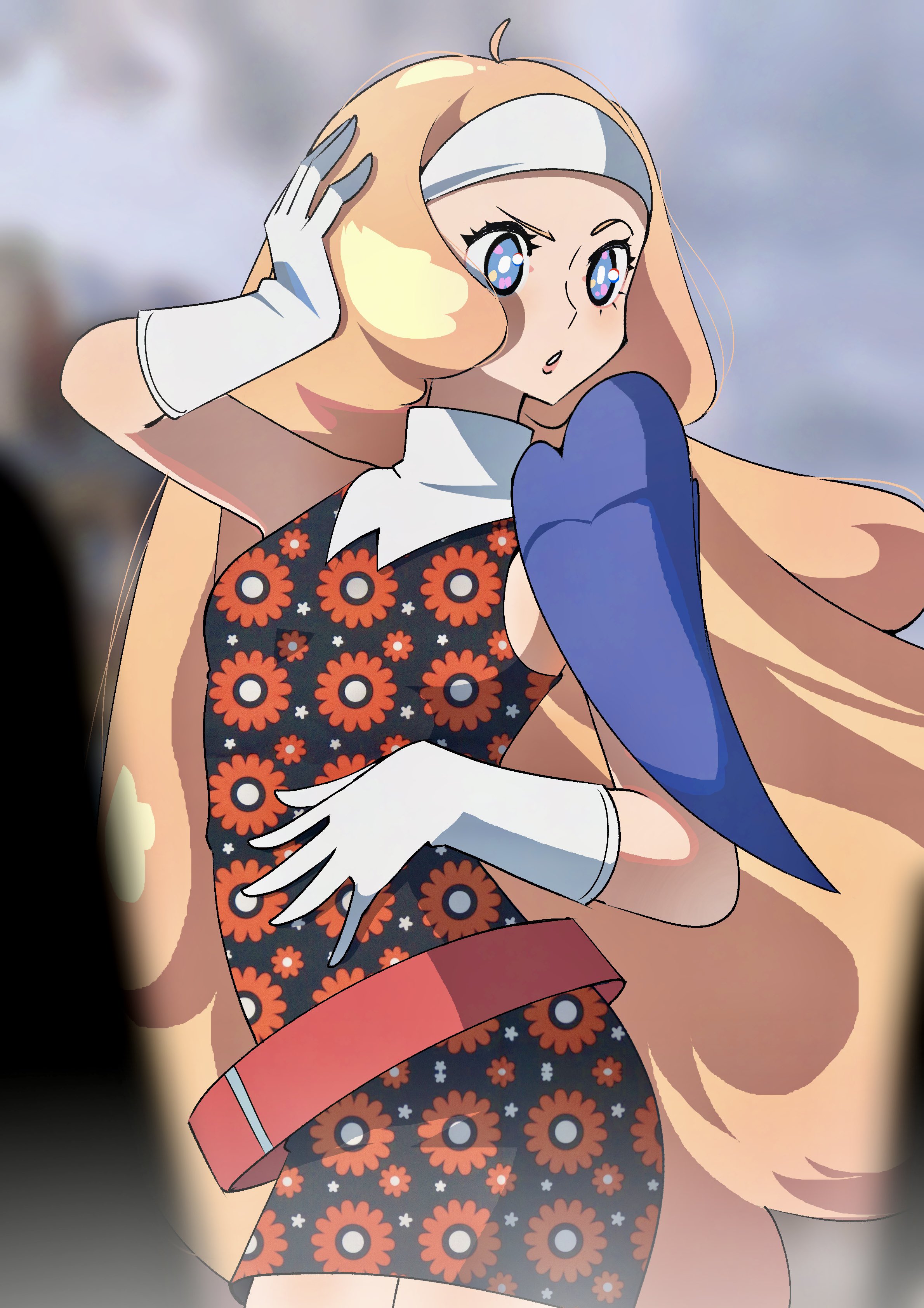 gjh, junah (metaphor: refantazio), metaphor: refantazio, absurdres, commentary, english commentary, highres, 1girl, :o, armor, belt, blonde hair, blue eyes, dress, floating hair, floral print, floral print dress, gloves, hairband, long hair, pauldrons, print dress, red belt, shoulder armor, single pauldron, sleeveless, sleeveless dress, solo, very long hair, white gloves, white hairband