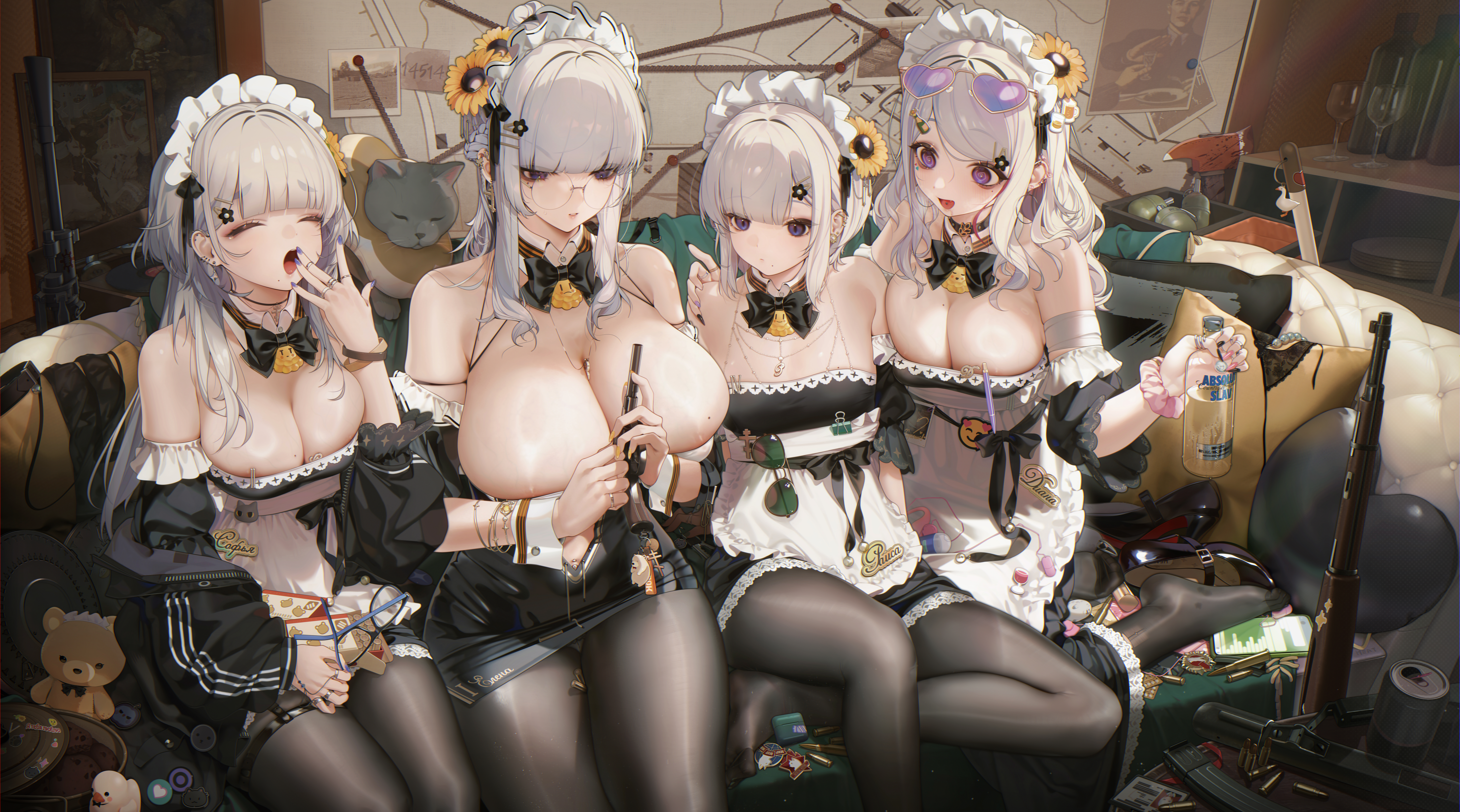 uybh, original, absurdres, highres, 4girls, apron, assault rifle, bare shoulders, bell, black bow, black bowtie, black dress, black pantyhose, blunt bangs, blush, bolt action, bottle, bow, bowtie, breasts, bullpup, can, cleavage, closed eyes, closed mouth, clothes lift, couch, detached collar, detached sleeves, dp-27, dress, eyewear on head, frills, glasses, grey eyes, grey hair, gun, hair ornament, hairclip, handgun, headdress, heart, heart-shaped eyewear, holding, holding bottle, holding can, holding paintbrush, huge breasts, indoors, large breasts, light machine gun, long hair, looking at viewer, machine gun, magazine (weapon), maid, maid apron, maid headdress, medium breasts, mosin-nagant, multiple girls, nagant m1895, nail polish, neck bell, no bra, no shoes, on couch, open mouth, paintbrush, panties, pantyhose, ppsh-41, purple eyes, revolver, rifle, scrunchie, sitting, skirt, skirt lift, small breasts, smile, sniper rifle, stuffed animal, stuffed toy, submachine gun, sunglasses, teddy bear, tongue, tongue out, underwear, waist apron, weapon, white apron, white hair, yawning