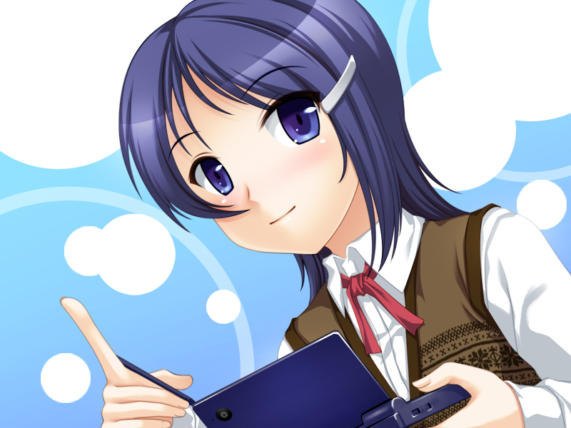 totokichi, mizutani eri, idolmaster, idolmaster dearly stars, bad id, bad pixiv id, 00s, 1girl, blue eyes, blue hair, blush, female focus, hair ornament, hairclip, handheld game console, matching hair/eyes, nintendo ds, smile, solo, stylus