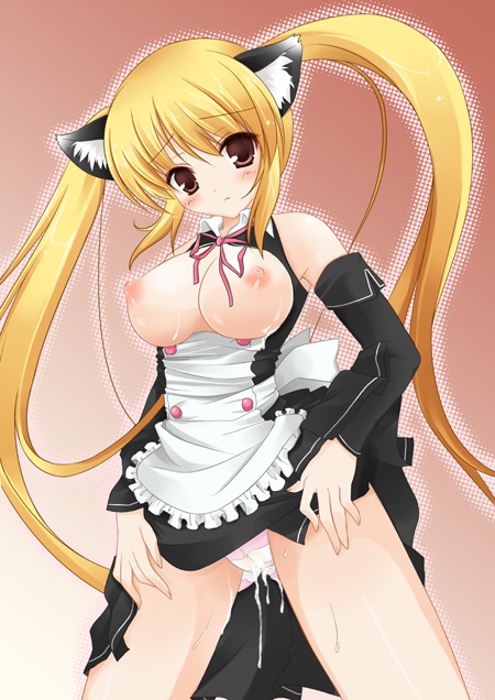 rinka (yuyutei), mian (dream c club), dream c club, dream c club (series), 1girl, animal ears, blonde hair, blush, breasts, cat ears, cat girl, detached sleeves, female focus, gradient background, halftone, halftone background, nipples, panties, pussy juice, red eyes, solo, striped clothes, striped panties, twintails, underwear, wet, wet clothes, wet panties