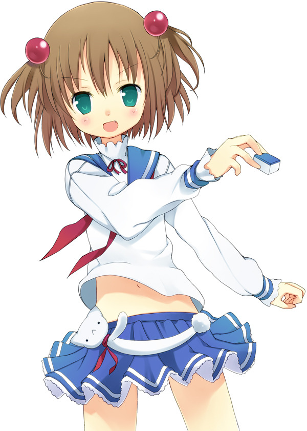 amaa (chou dennou jidai), kataoka yuuki, saki (manga), 00s, 1girl, board game, female focus, holding, holding mahjong tile, mahjong, mahjong tile, school uniform, serafuku, skirt, solo, two side up