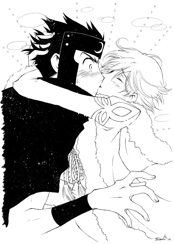 fai d. flowright, kurogane, tsubasa chronicle, 00s, 2boys, cape, closed eyes, happy, kiss, male focus, monochrome, multiple boys, surprised, sweatdrop, tattoo, trap, yaoi