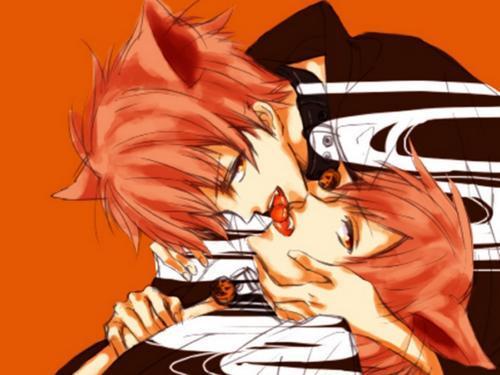 hitachiin hikaru, hitachiin kaoru, ouran high school host club, lowres, 00s, 2boys, animal ears, berry, brothers, cat boy, cat ears, fangs, feeding, incest, kiss, male focus, multiple boys, open clothes, open shirt, pumpkin, red hair, shirt, siblings, twincest, twins, yaoi