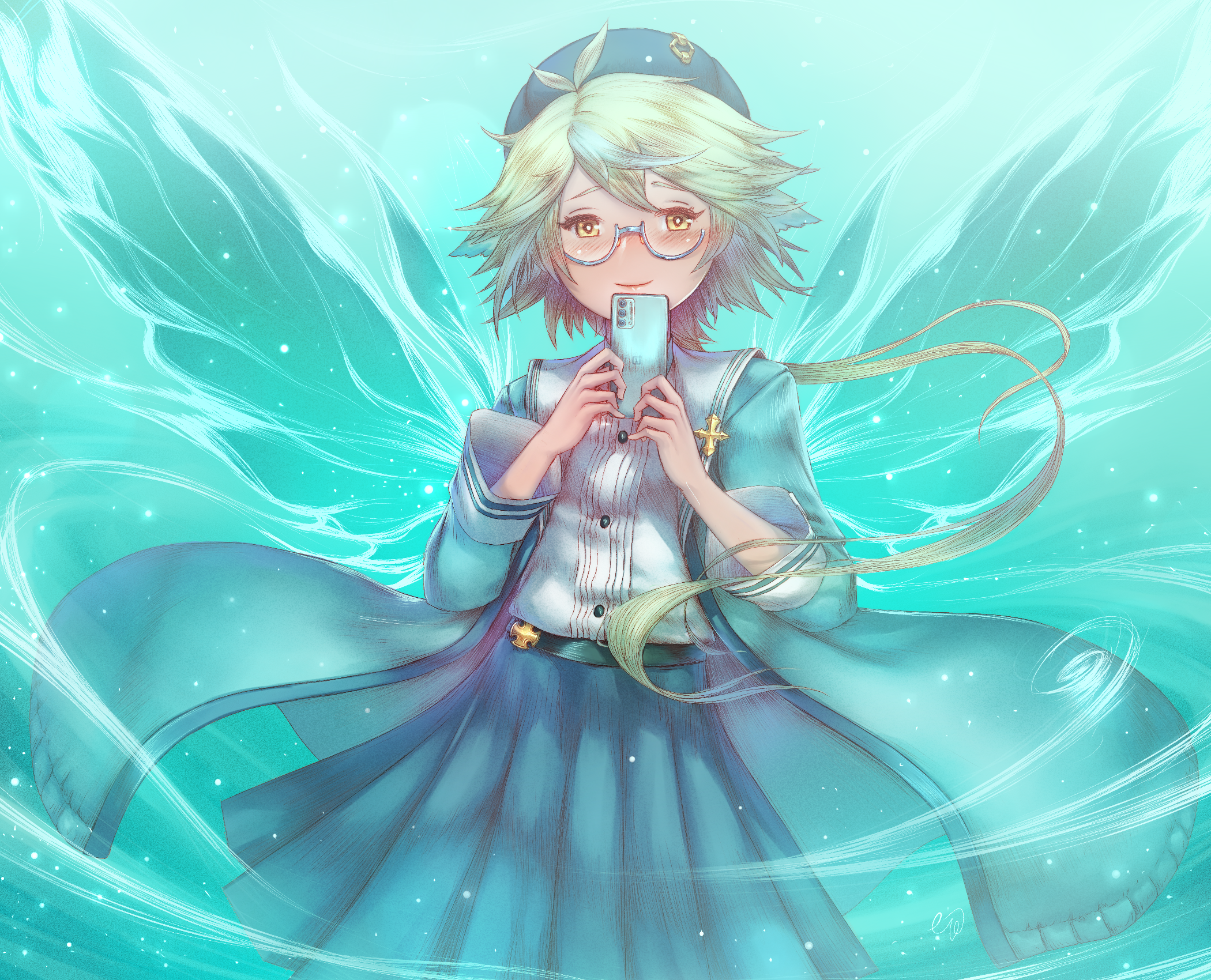 sucrose (genshin impact), sucrose (oneplus) (genshin impact), genshin impact, highres, 1girl, alternate costume, animal ears, beret, blush, fox ears, glasses, hat, kiehlhryne, orange eyes, pleated skirt, skirt, solo