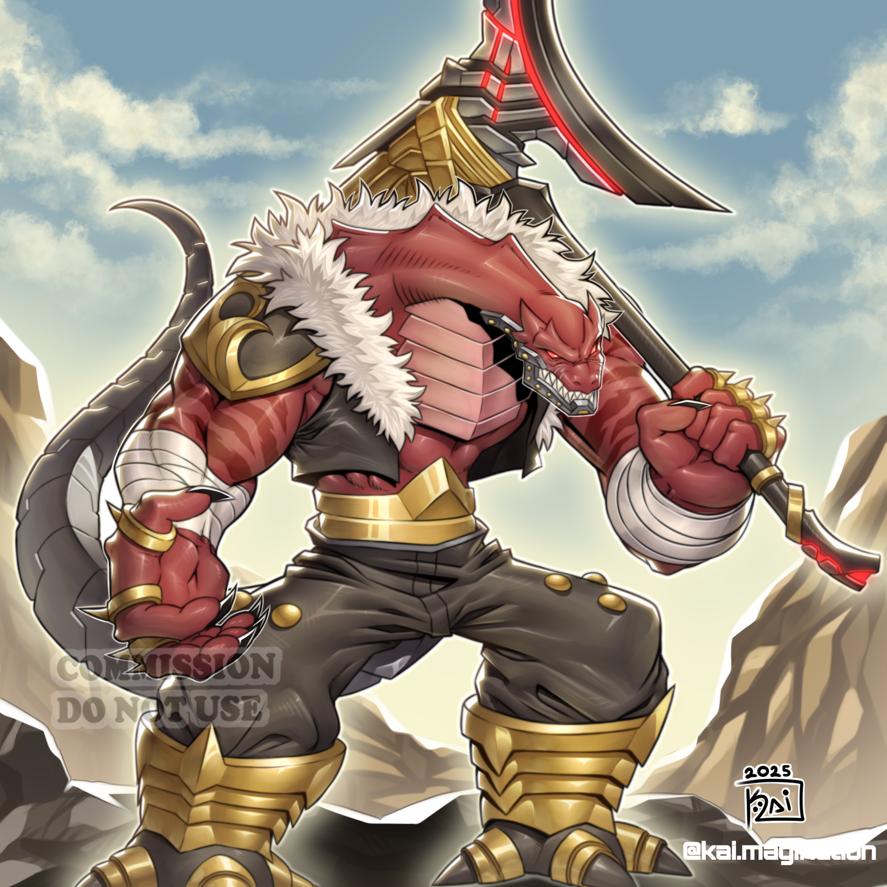 kai.magination, yu-gi-oh!, yu-gi-oh! duel monsters, absurdres, highres, tagme, 1boy, axe, claws, clenched hand, cloud, cloudy sky, colored skin, duel monster, guardian grarl, holding, holding axe, lizard tail, outdoors, red skin, redesign, reptile boy, sky, tail