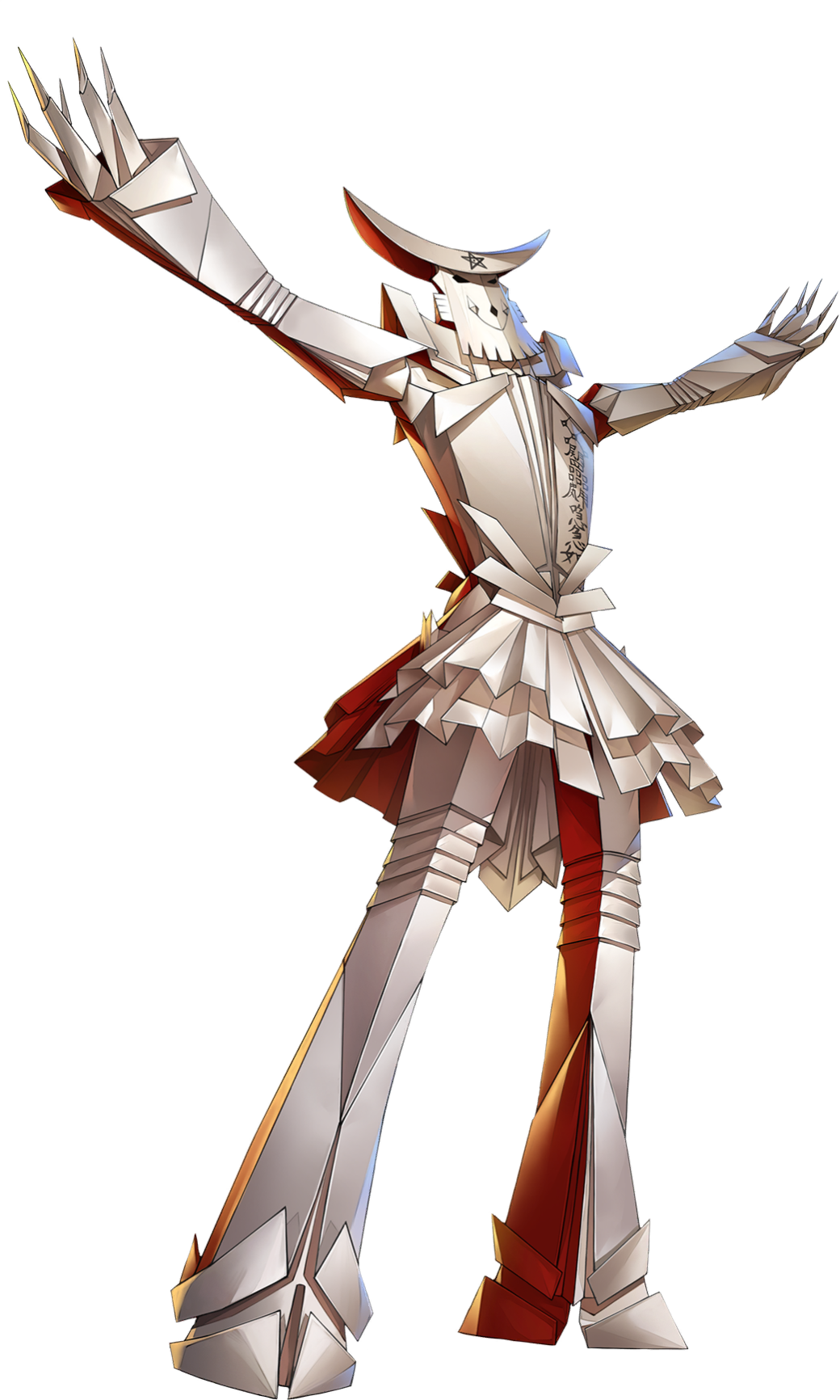 shiki-ouji (megami tensei), persona, persona 5, persona 5: the phantom x, shin megami tensei, artist request, highres, official art, third-party source, translation request, 1boy, colored skin, demon (megami tensei), multicolored skin, no humans, outstretched arms, red skin, solo, standing, star (symbol), transparent background, two-tone skin, white skin