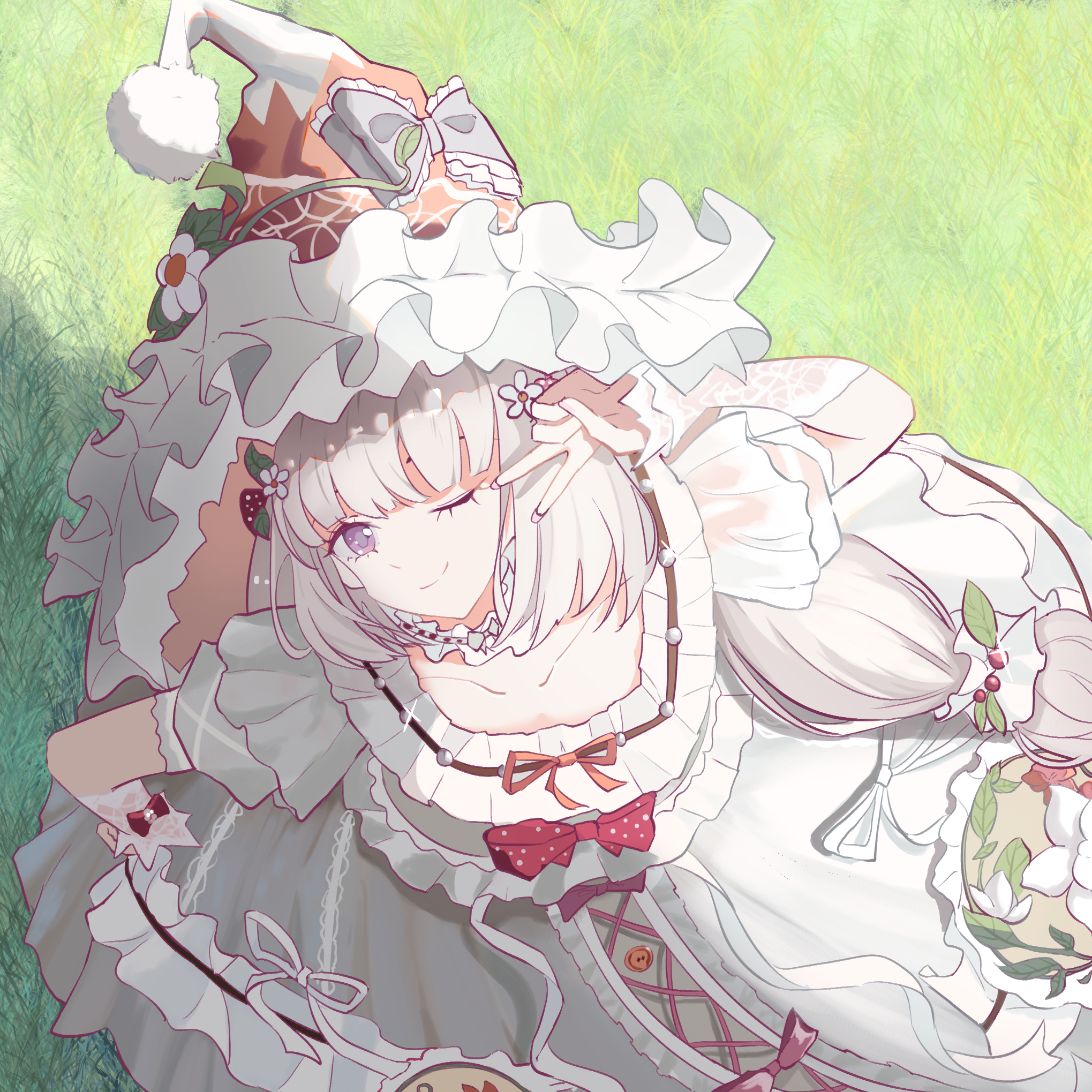 so ni ni, sweet waltz (infinity nikki), infinity nikki, nikki (series), chinese commentary, commentary request, highres, 1girl, bow, bow button, choker, circle skirt, closed mouth, collarbone, cross-laced clothes, cross-laced dress, day, dot nose, dress, dress ribbon, eyelashes, floral print, flower, food-themed hair ornament, frilled bow, frilled choker, frilled dress, frilled headwear, frills, from above, full body, grass, grey bow, grey hair, hair flower, hair ornament, hand on own hip, happy, hat, hat bow, hat flower, lace arm warmers, leaf, long dress, medium hair, neck ribbon, one eye closed, outdoors, polka dot, polka dot bow, pom pom (clothes), print dress, purple eyes, red bow, red hat, red ribbon, ribbon, ribbon-trimmed choker, shade, smile, solo, standing, strawberry hair ornament, v, white arm warmers, white choker, white dress, white flower, white ribbon, witch hat, wrist bow