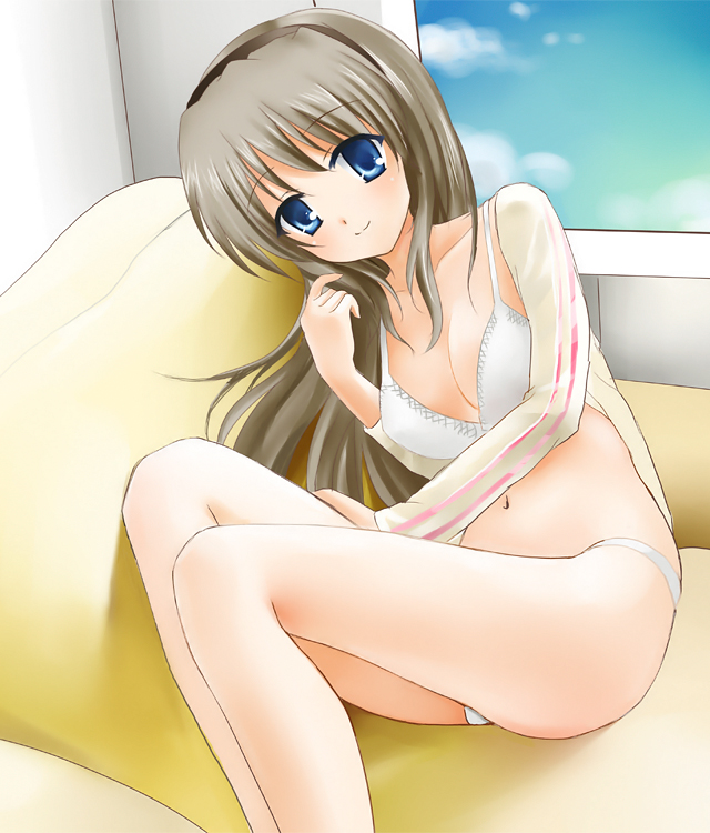 nikoo, sakagami tomoyo, clannad, bad id, bad pixiv id, 00s, 1girl, blue eyes, bra, brown hair, couch, female focus, jacket, lingerie, long hair, panties, solo, underwear, underwear only