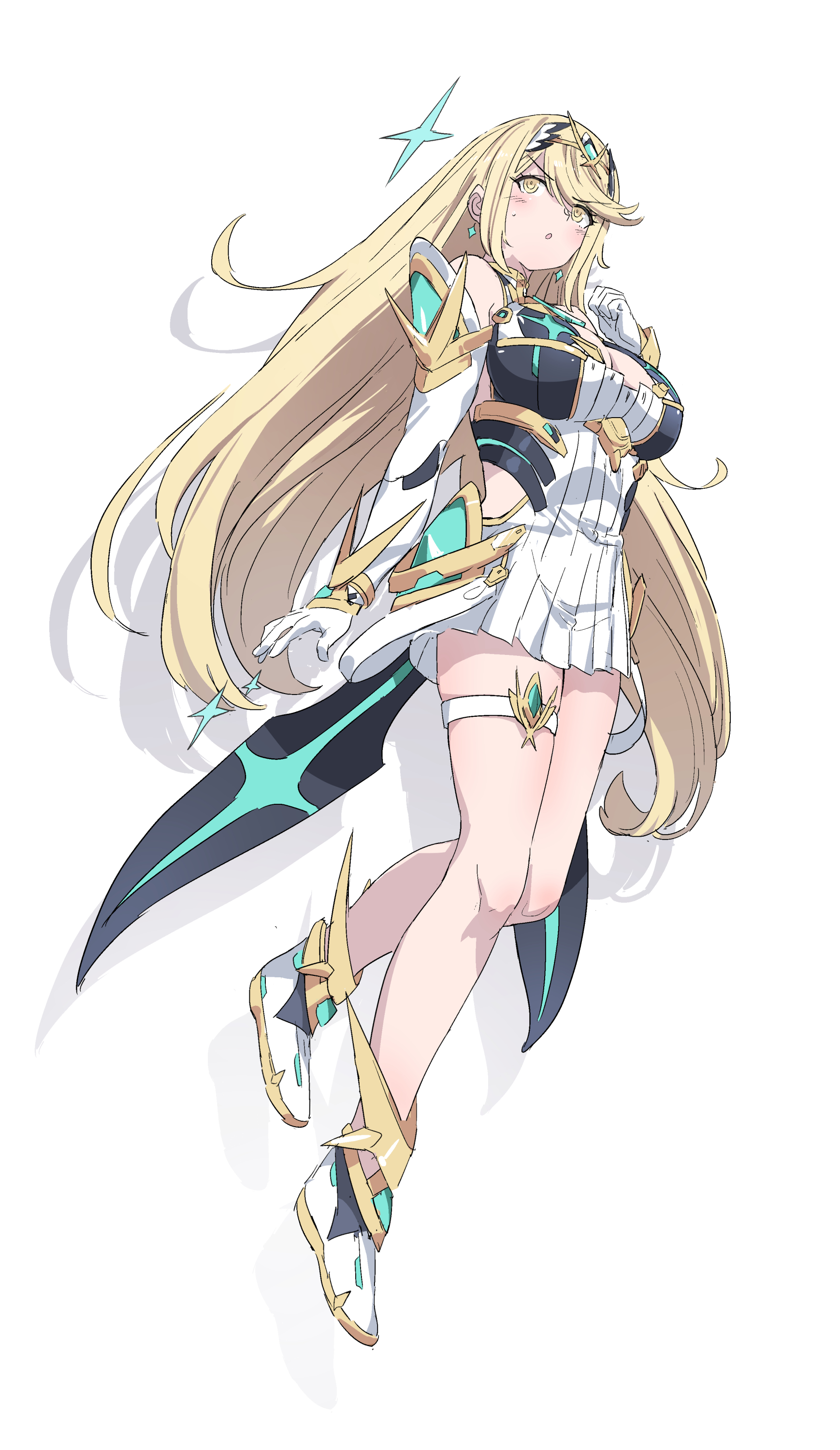 huanxiang huifeng, mythra (xenoblade), xenoblade chronicles (series), xenoblade chronicles 2, blonde hair, breasts, large breasts, simple background, white background, yellow eyes